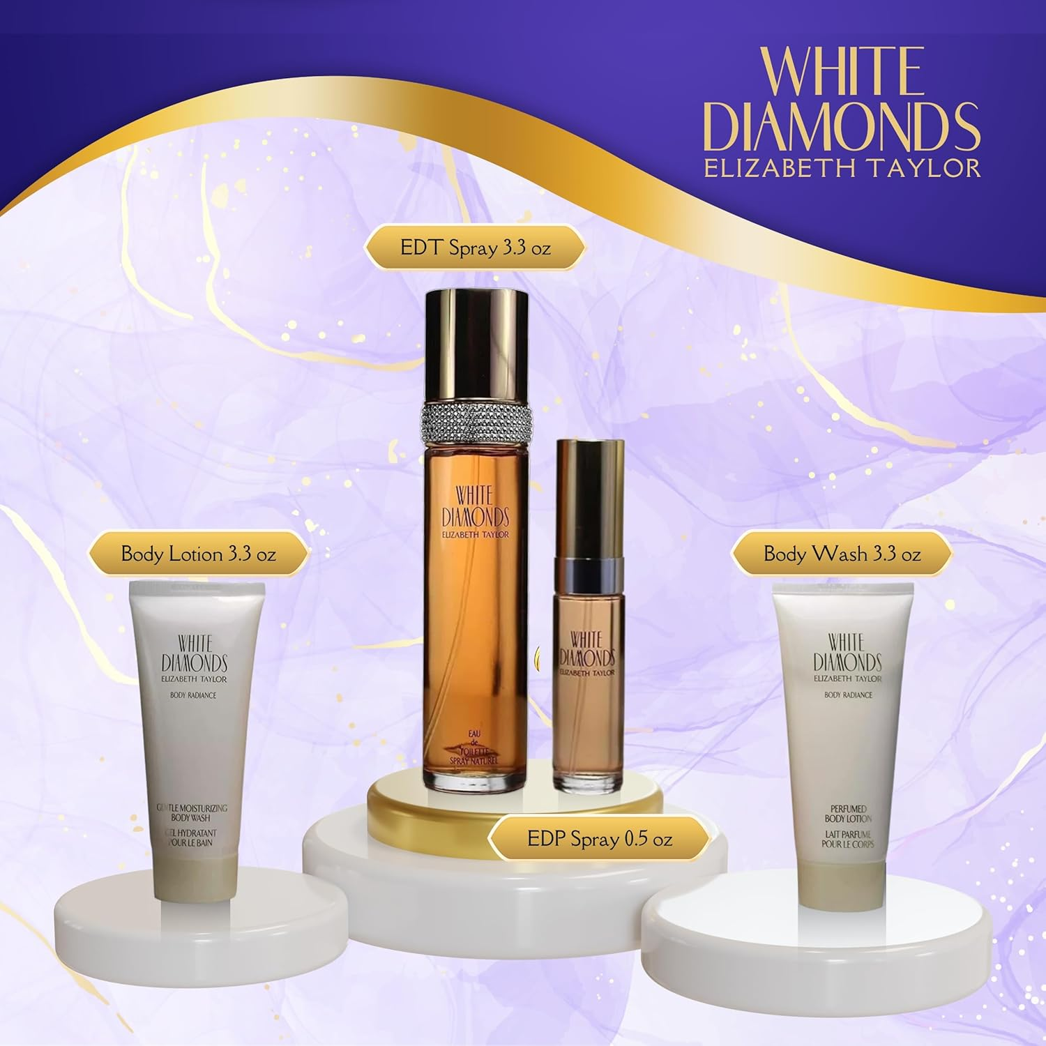 Elizabeth Taylor White Diamonds 4 Pc. Gift Set (Eau De Toilette Spray 3.3 Oz & 0.33 Oz + Perfumed Body Lotion 3.3 Oz + Gentle Moisturizing Body Wash 3.3 Oz) for Women by Elizabeth Taylor, 98 Ml