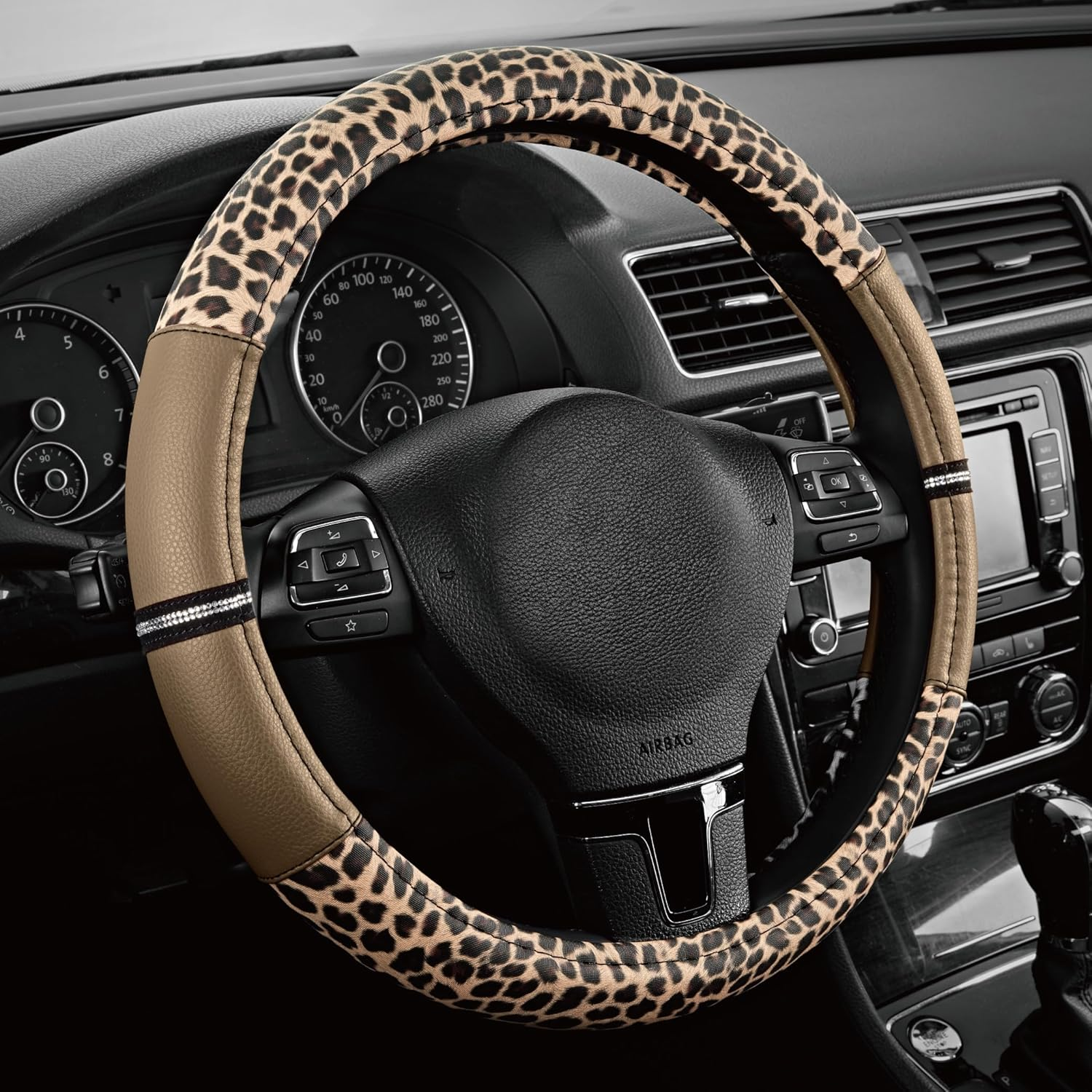 Road Comforts D-Type Steering Wheel Cover - Made with PVC Leather and Leopard Fabric - Universal Fit for 15-Inch D-Shaped Automotive Steering Wheels (Black Color)