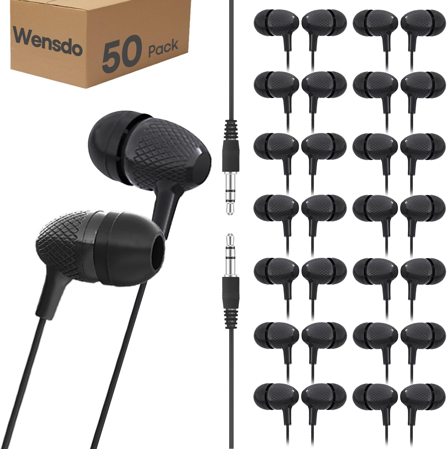 Bulk Earbuds Headphones 50 Pack for Classrooms Kids, Wholesale Durable Earphones Perfect for K12 Schools Students Kindergarten Children Gift and Adult (Black)