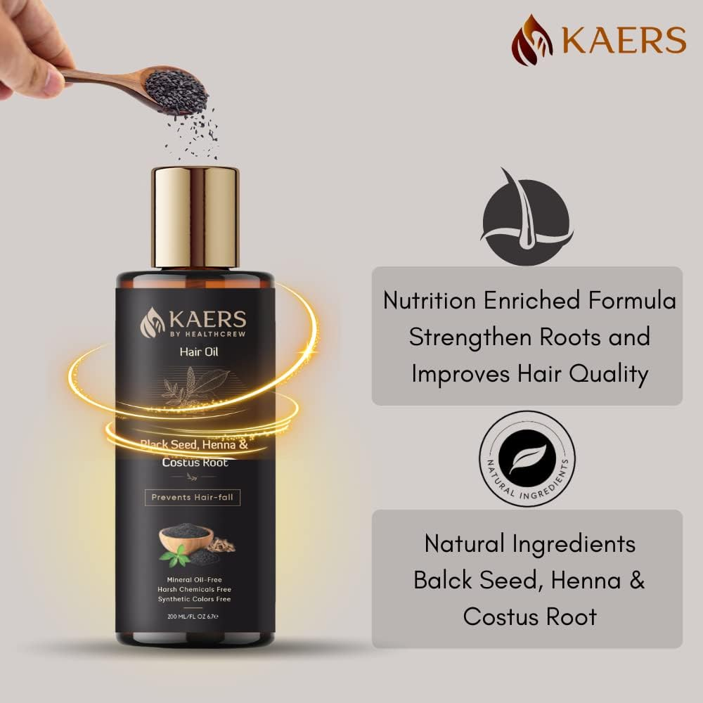 Kaers Black Seed (Kalonji), Hair Oil Containing Henna | No Harsh Chemicals | Best Anti-Dandruff Hair Oil for Long and Strong Hair | 200 ML for Men & Women | Best for Hair Falling image number 2