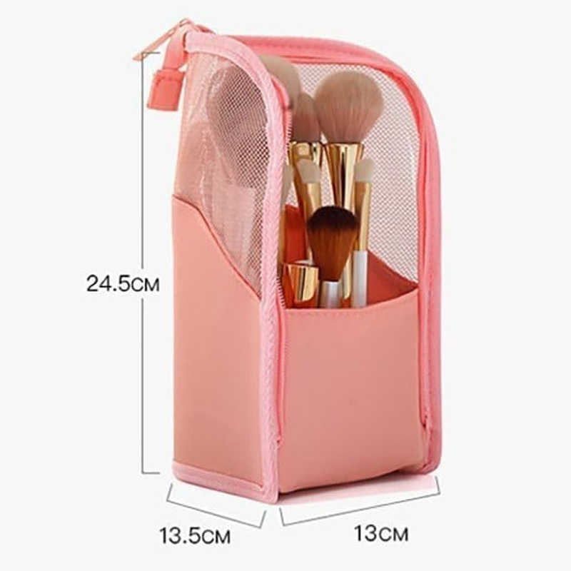 Fokmuaex Stand-Up Makeup Brush Storage Organizer Bag &ndash; Waterproof Dust-Free Travel Holder for Brushes & Cosmetics (Pink) image number 4
