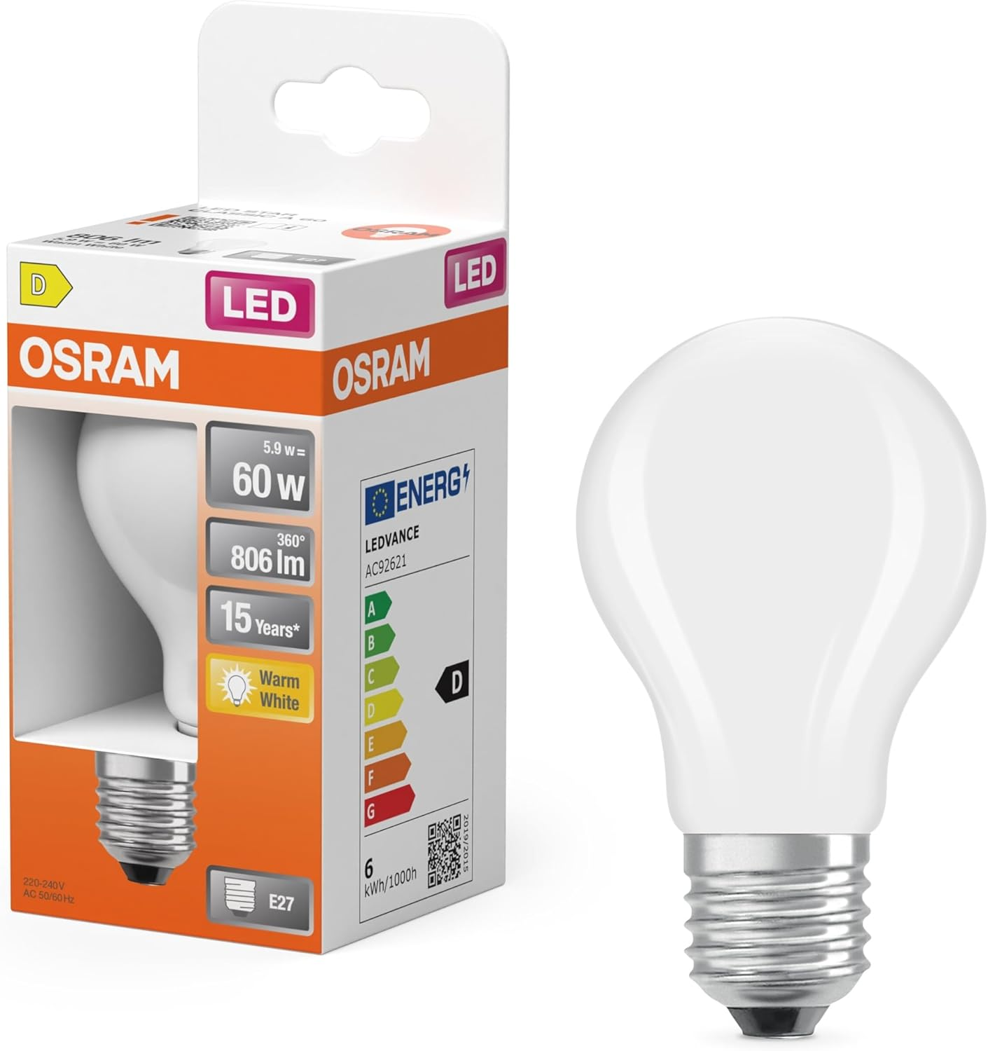 OSRAM LED Retrofit Classic a 5.9 W 827 Frosted E27 image number 2