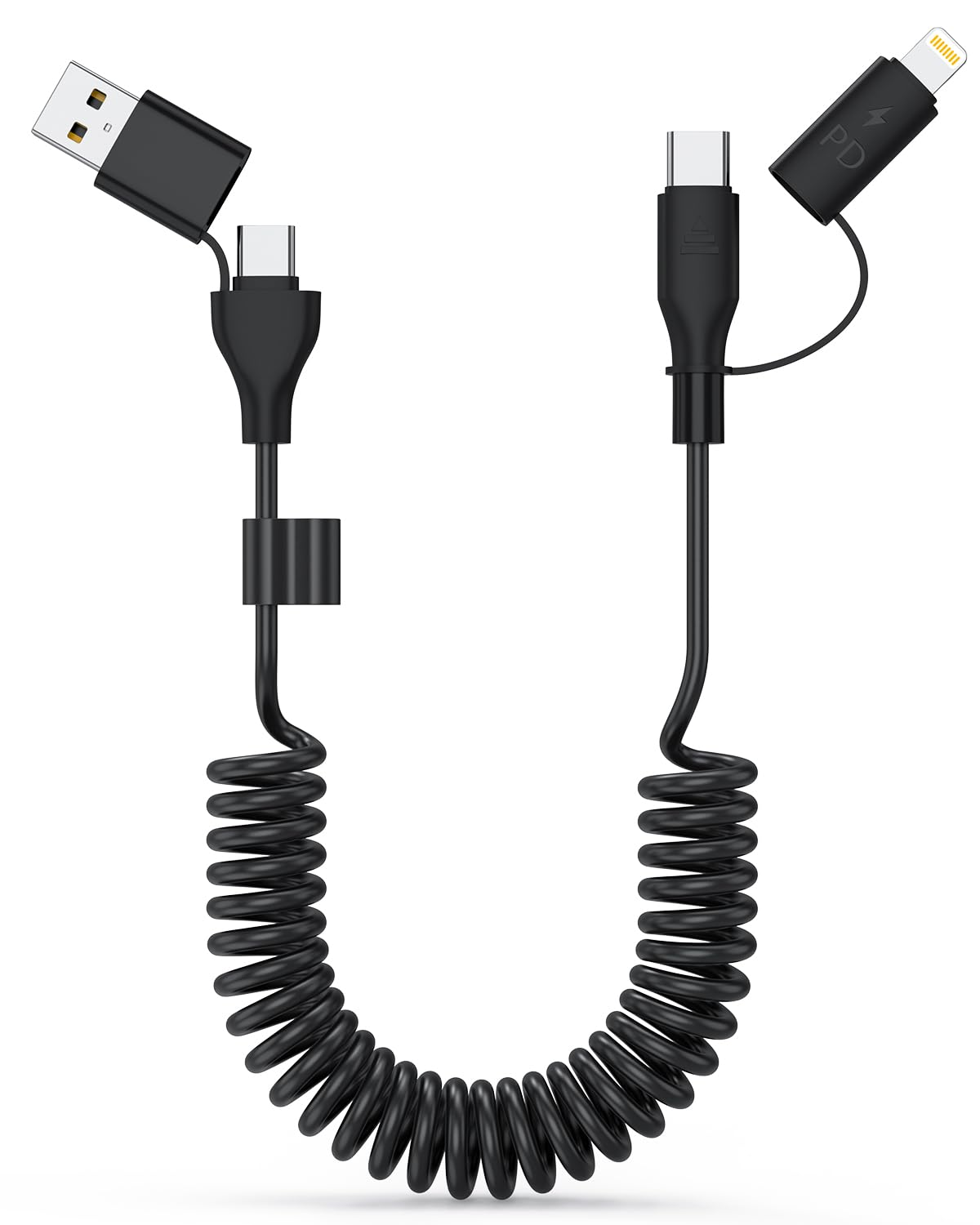 Coiled USB Cable, USB to USB C and Lightn-Ing Cable 4-In-1, Car Carplay Cable, 60W 3A Fast Charging Cord for Iphone 17 16 15 14 13 12 11, Ipad, Macbook, Galaxy, Note & More - 4Ft/Black