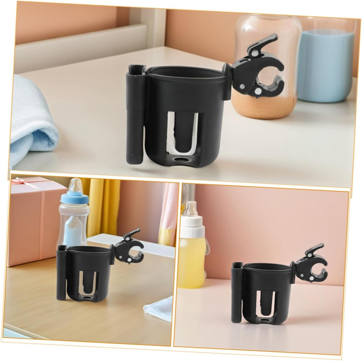 2Pcs Stroller Cup Holder Phone Holder, Universal Plastic Drink Bottle Rack for Pram, Pushchair and Scooter, Black Organizer for Bottles and Sippy Cups, Travel Accessories image number 6