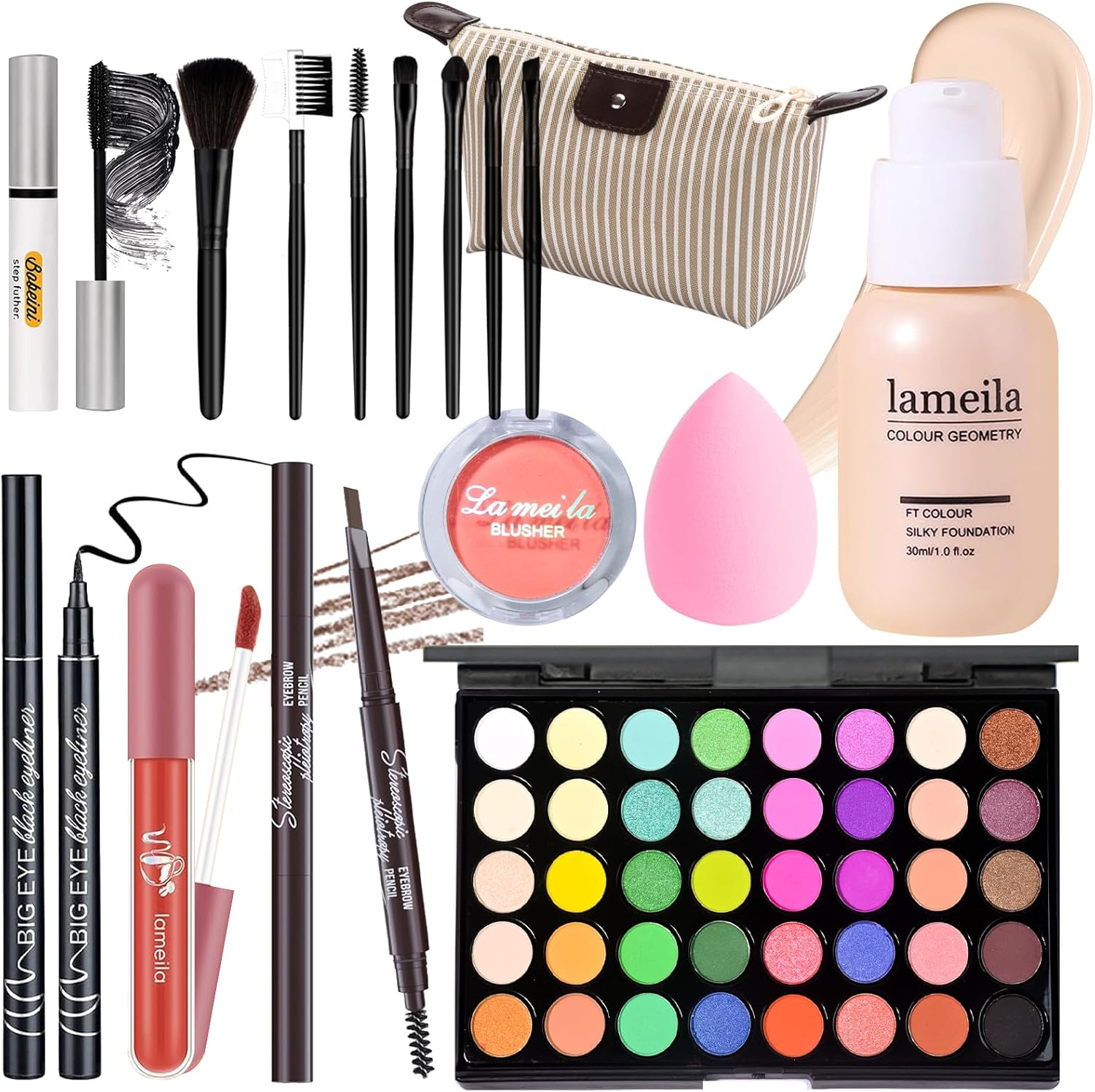 Makeup Set Full Kit for Women Teen Girls, Makeup Present Set, Includes Eyeliner, Blusher, Eyebrow Pencil, Foundation, Mascara, Eyeshadow, Brushes, Lip Gloss, Sponge, Cosmetic Bag