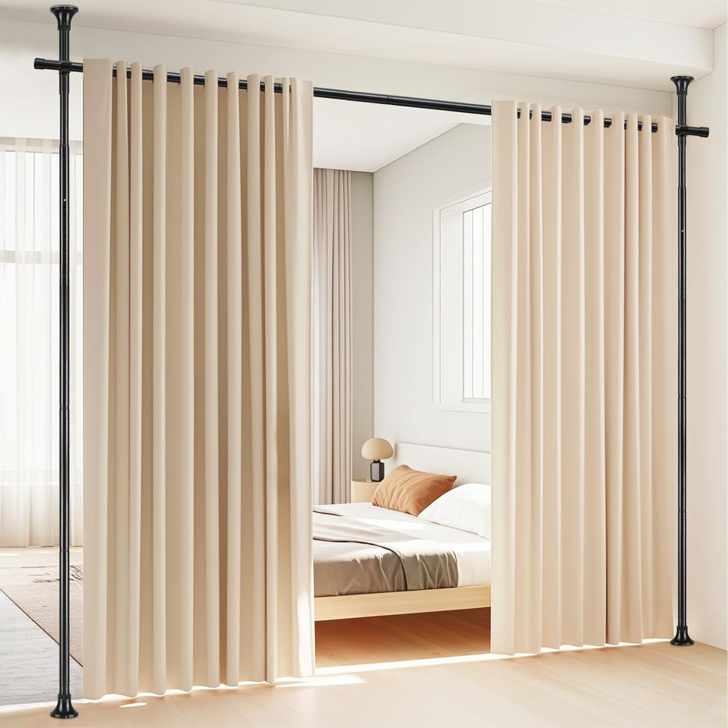 HORSE SECRET Room Divider Curtain Rod, Vertical Tension 28-70Inch(W) 4-10Ft (H) Adjustable Heavy Duty Floor to Ceiling Self Stand - Anywhere Freestanding Damaging Free for Space Partition Matt Black