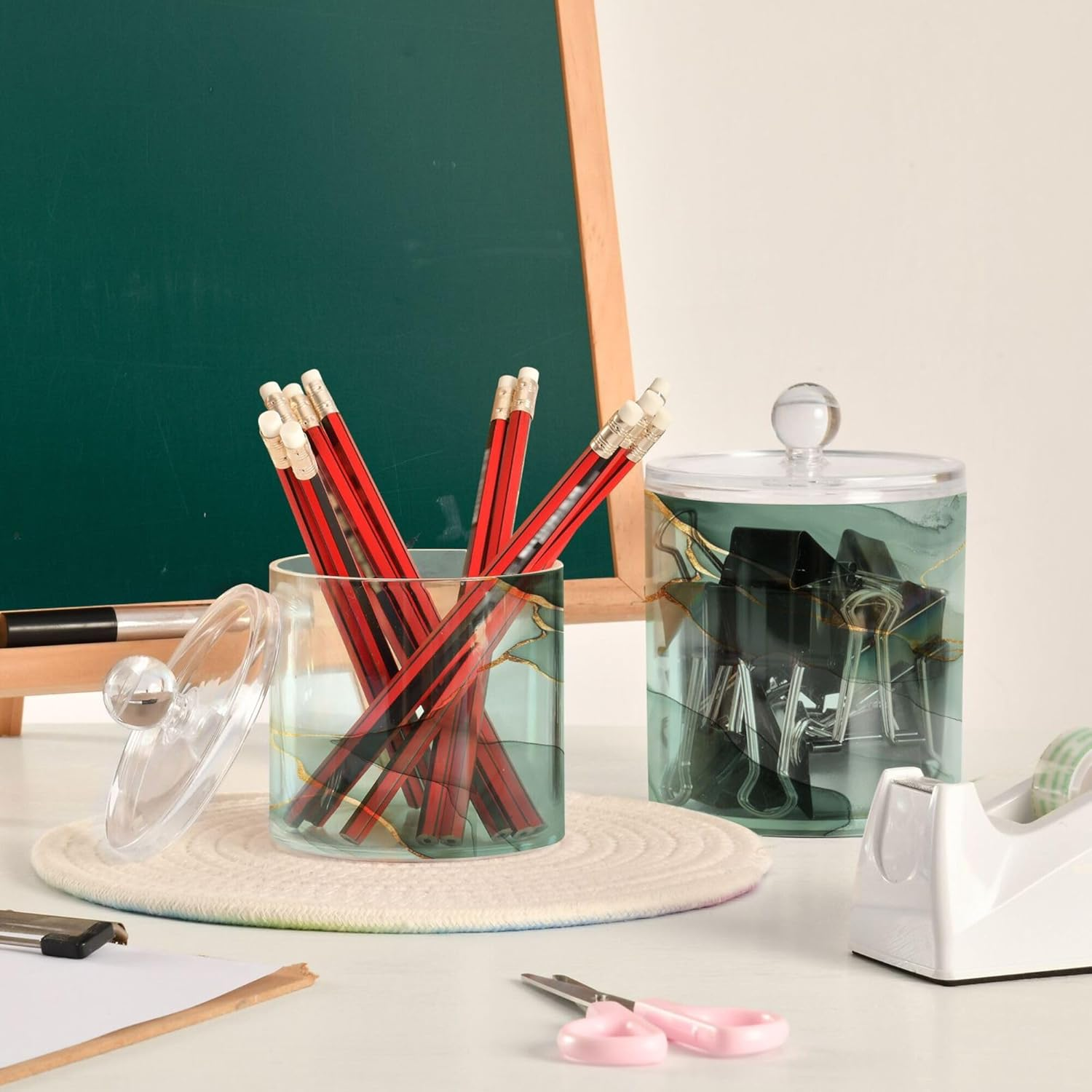 Marble White Sage Green Clear Plastic Makeup Organizer Storage with Lid Dresser Essentials Decorative Storage Bins for Floss Picks,Paper Clips,2 Pack - Color 11 image number 5