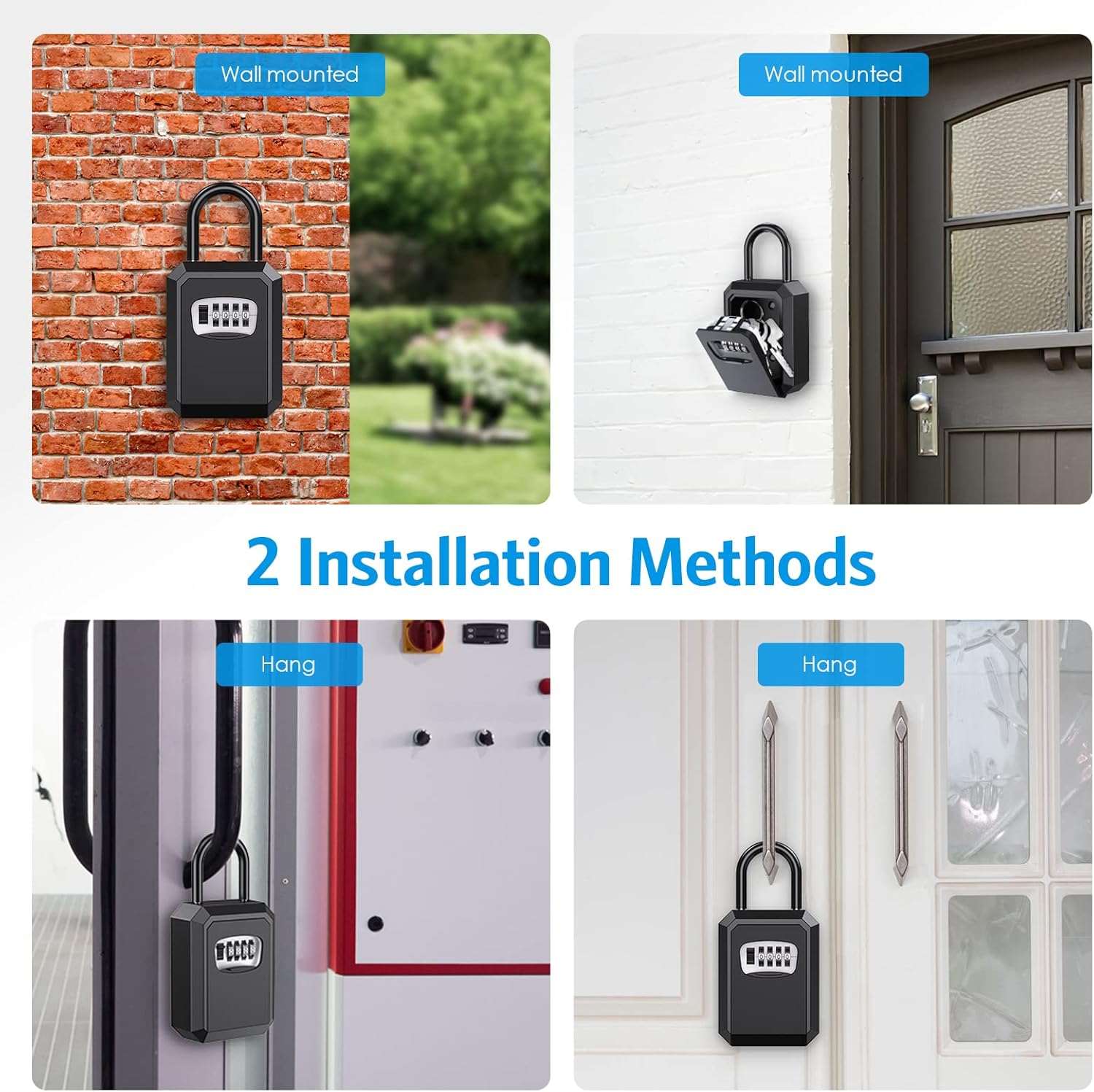 OQIMAX Key Lock Box,Key Safe Box 4 Digit Combination Key Lock Box for Outdoor with Removable Shackle,Weatherproof Key Box,2 Install Ways Hanging &Wall Mounted for Home Warehouse Garage image number 2