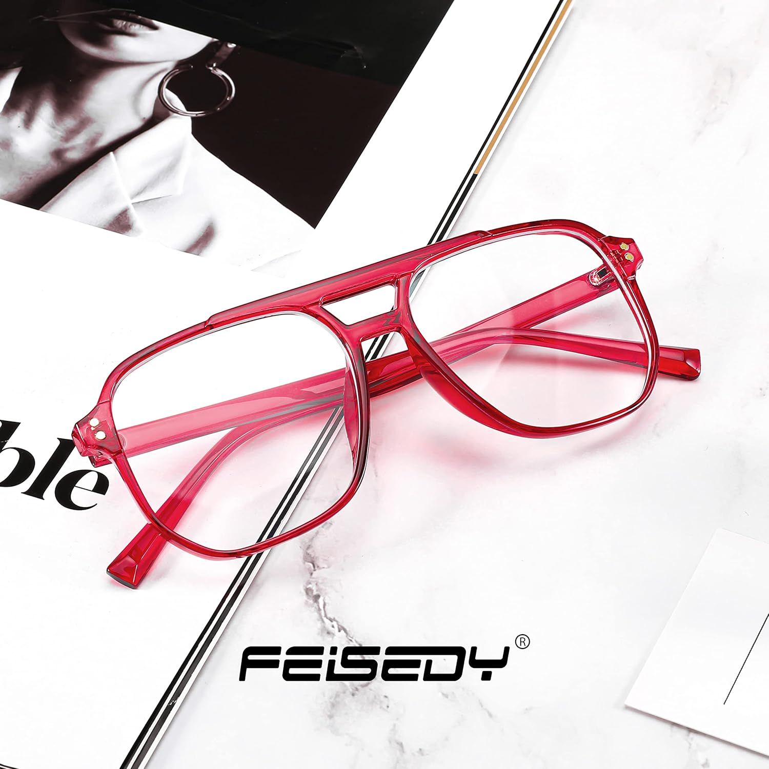 FEISEDY Blue Light Blocking Glasses Fake Nerd Clear Square Computer Lightweight Aviator Glasses Frame Oversized B2866 - Green image number 5