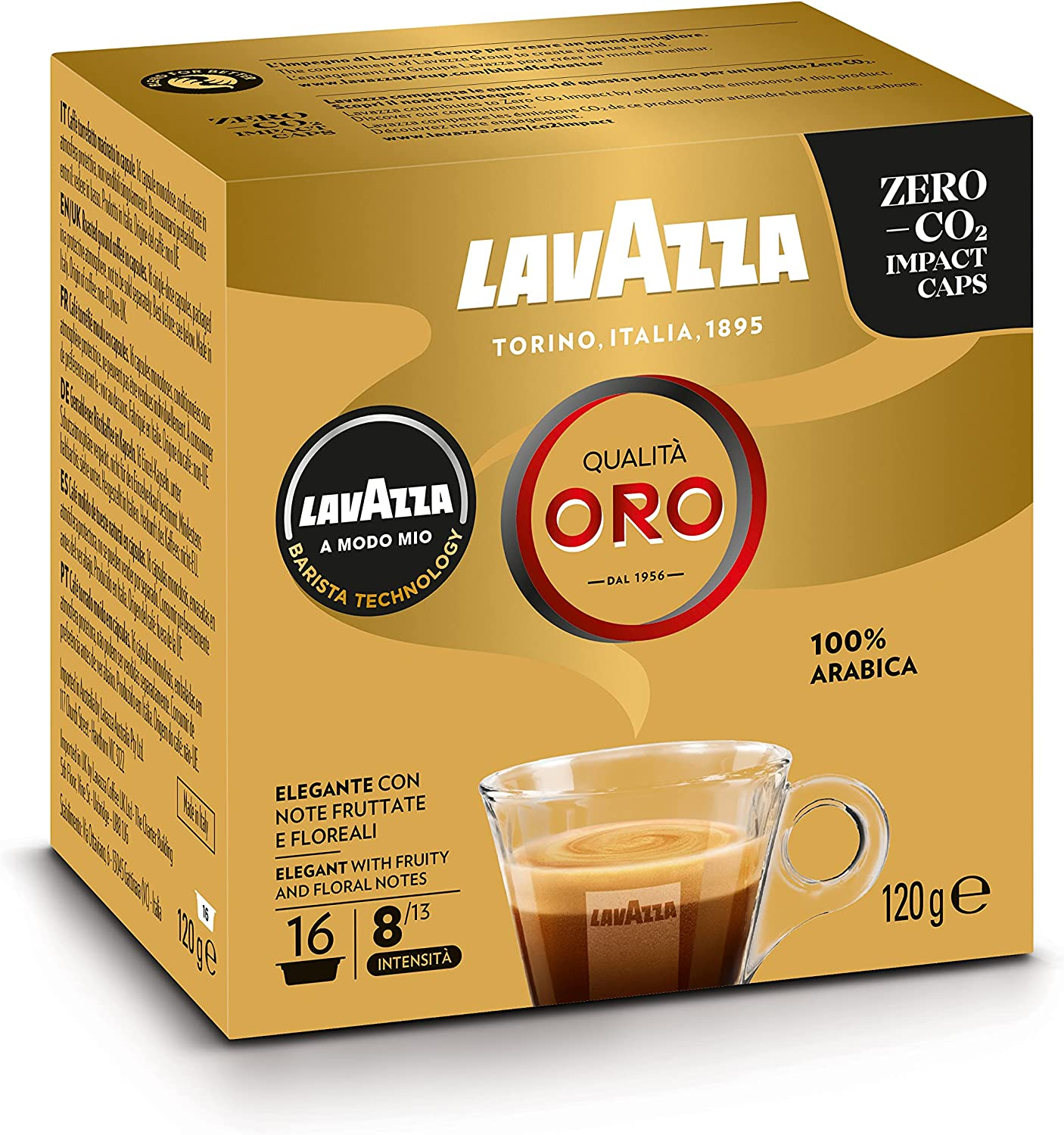 Lavazza, a Modo Mio Qualit&agrave; Oro, 96 Coffee Pods, Ideal for an Espresso with Floral and Fruity Notes, 100% Arabica, Intensity 8/13, Medium Roast, 6 Packs of 16 Coffee Pods image number 1