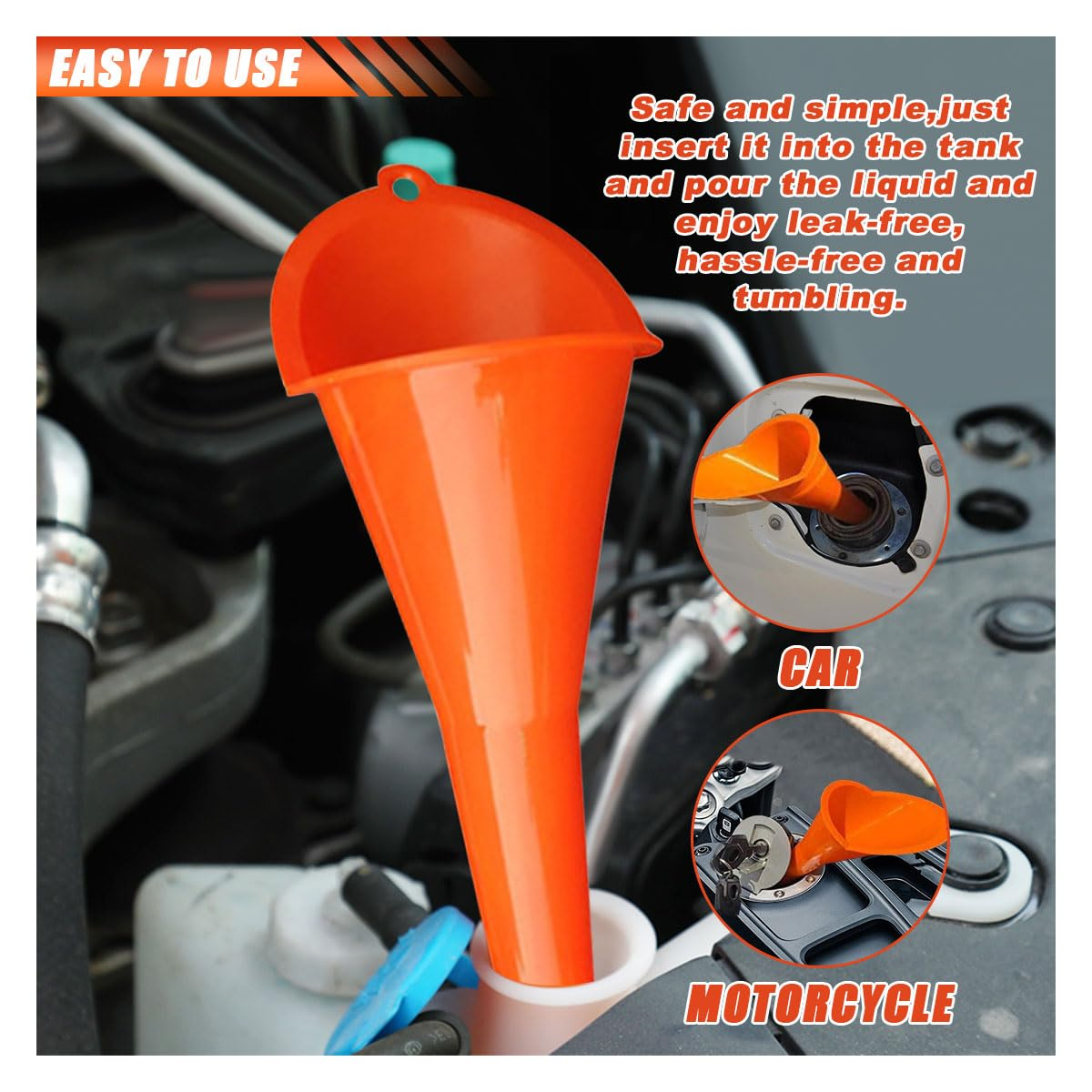 2PCS Long Neck Oil Funnels, Multi-Purpose Spill Saver Funnel, Plastic Funnel for Filling Automotive Oils Lubricants Engine Oils Water Diesel Fuel Kerosene and Other Liquids (Small Red+Orange) image number 4