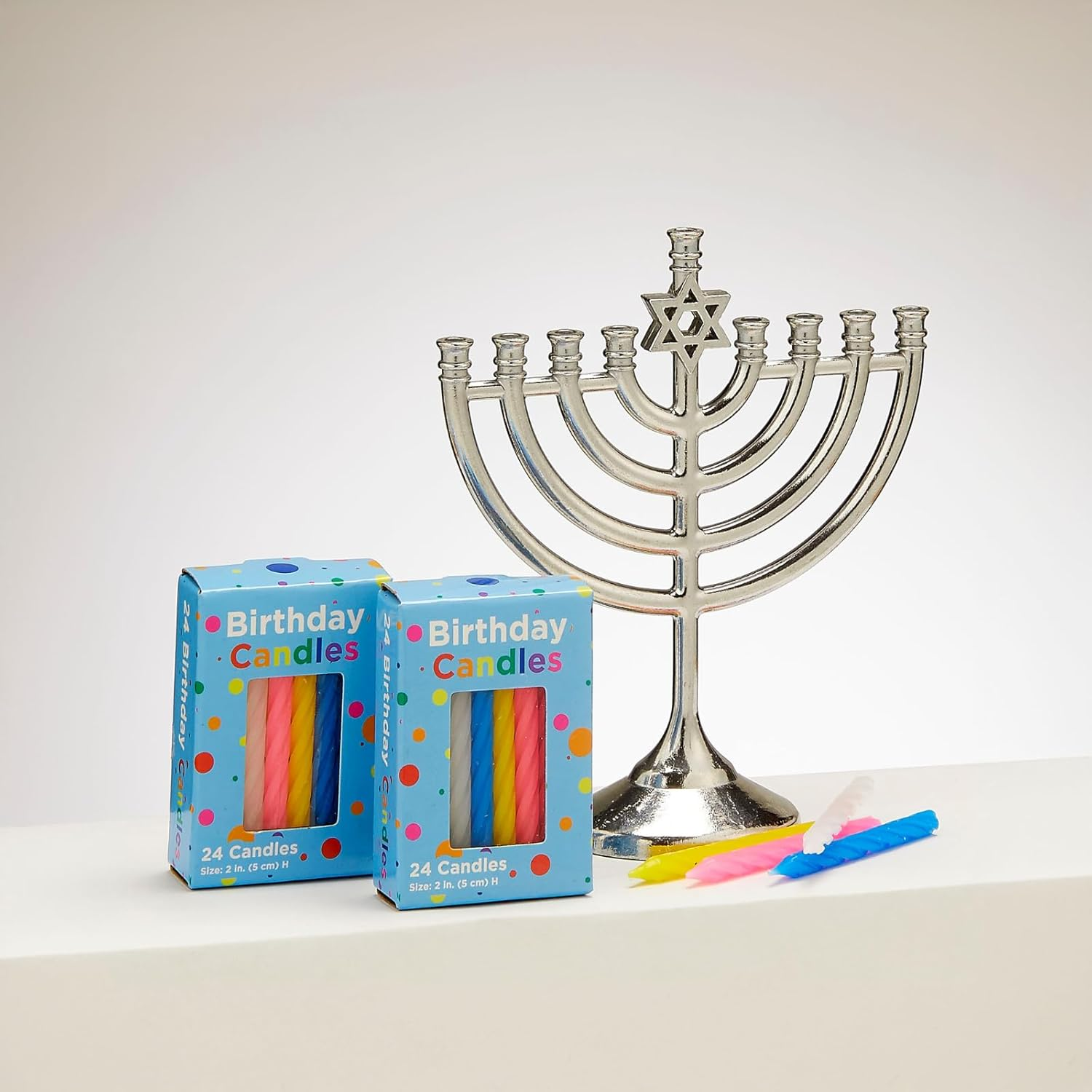 Rite Lite Mini Menorah Set with 48 Multicolor Birthday Candles - Portable Chanukah Candle Holder Diecast Aluminum Menorah Hanukkah Gifts Jewish Party Favors Living Room Holiday Decor Centerpiece 5" H image number 4