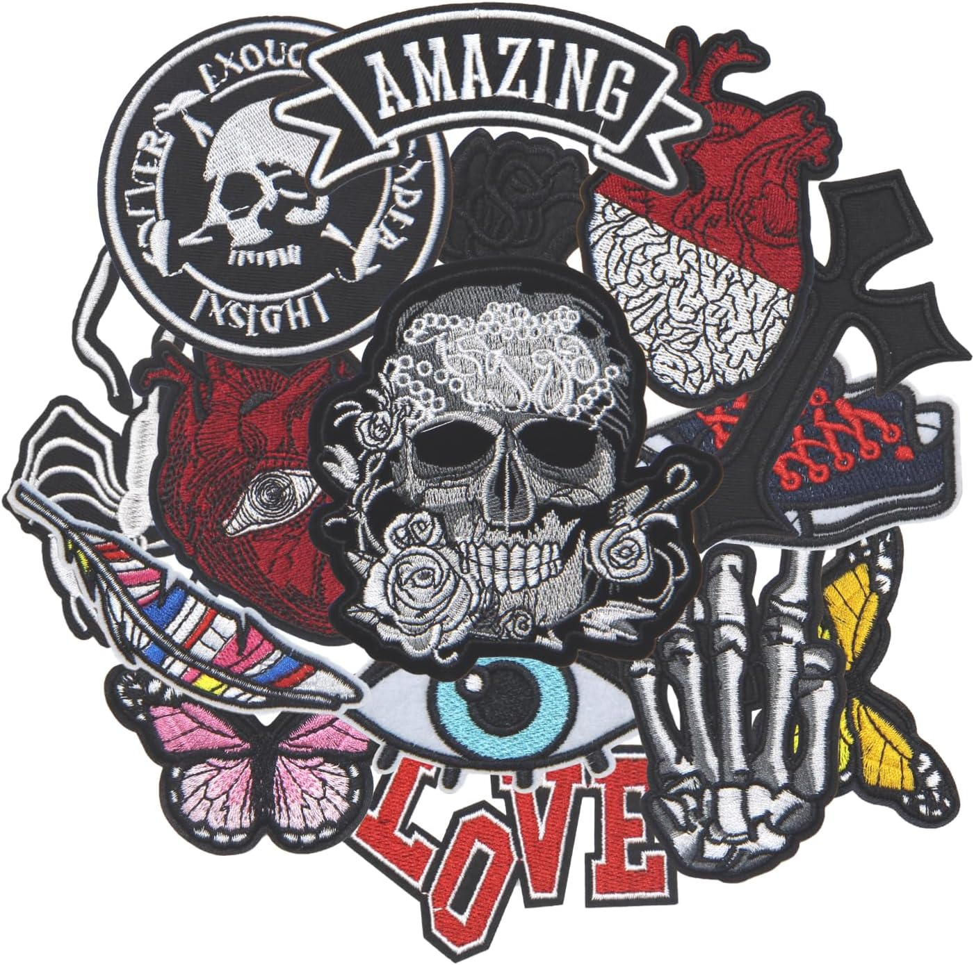 15PCS Punk Skull Iron on Patches, Scary Bone Finger Eyes Hearts Embroidered Repair Patches for Clothes, Cross Butterfly Applique for Hats, Jeans, Jackets, Bags, Backpacks, Dress, Shoes