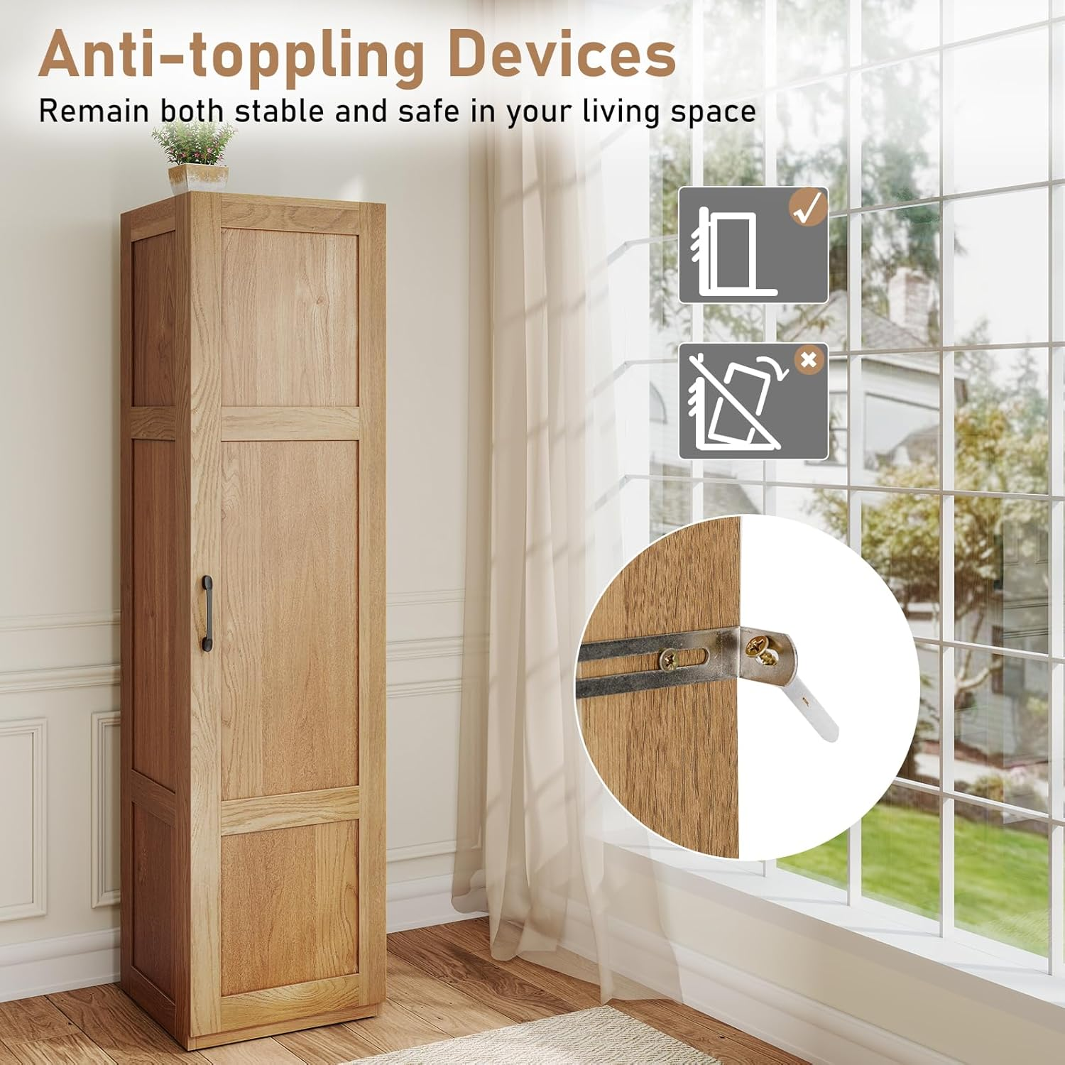 Giantex 150 Cm Tall Storage Cabinet, 4-Tier Freestanding Floor Cabinet with Door, Narrow Pantry Organizer for Dining Room, Kitchen, Utility Room, Living Room and Bathroom (Natural) image number 1