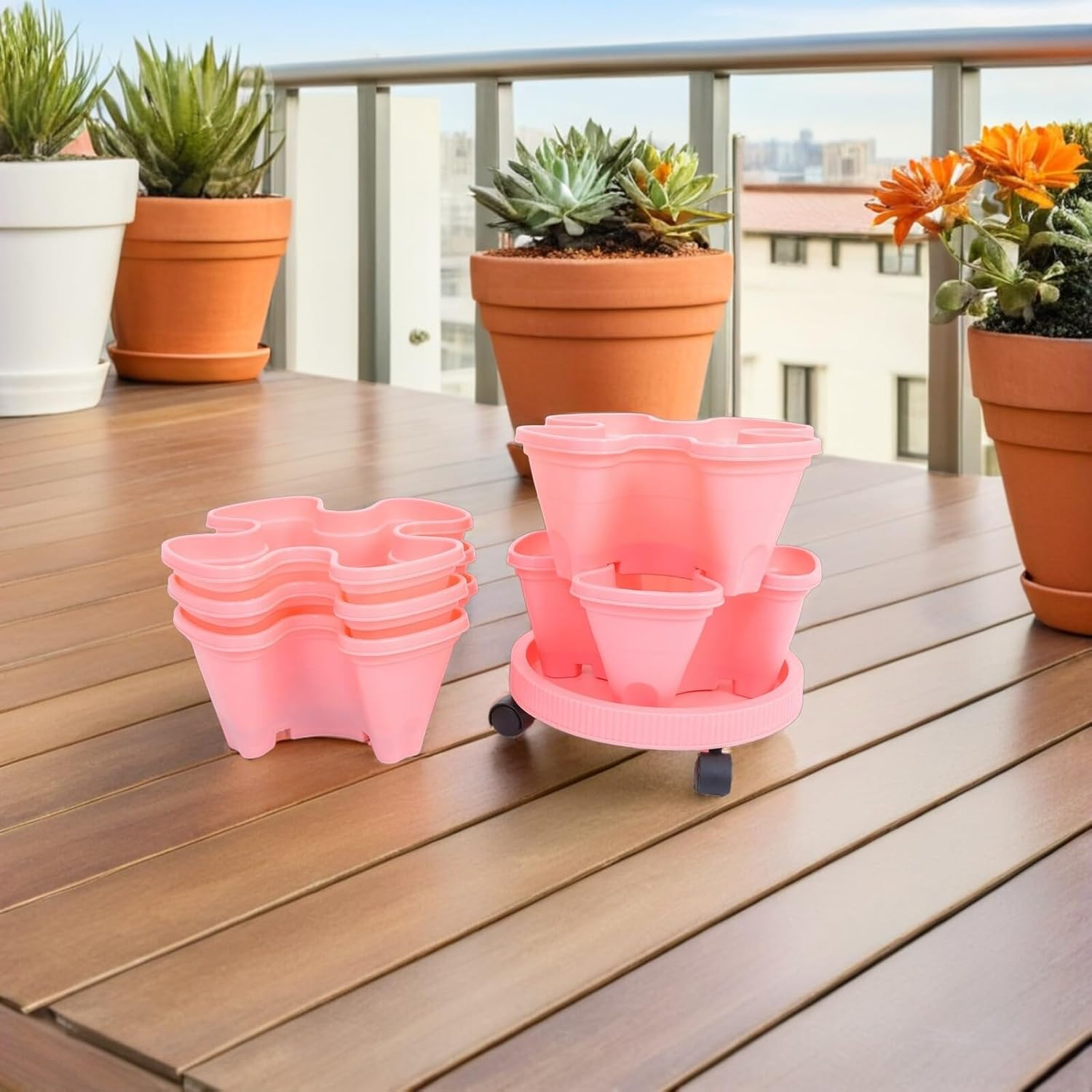 GAROZATION Stackable Vertical Strawberry Tower Planter with Movable Casters Multi-Layer Flower Pot for Outdoor Herb and Vegetable Gardening Space-Saving Pink Multi-Tiered Planter Box image number 5