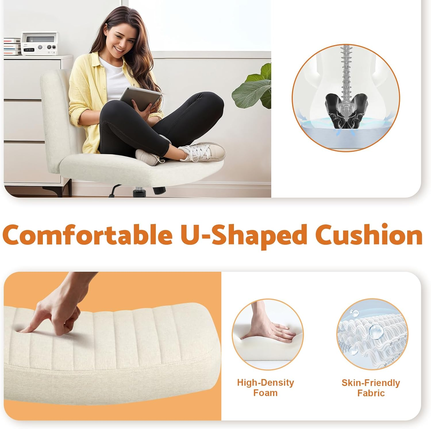 Advwin Criss Cross Legged Office Chair Armless Computer Chair with Wide Seat Swivel Vanity Chair with Adjustable Height Ergonomic Desk Chair for Home Office Study Bedroom Workstation, Beige image number 2