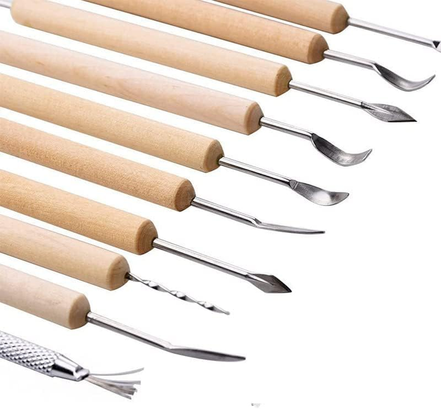 QYINXIU Pottery Clay Sculpting Modeling Tool Set,11-Piece Wooden Handle Clay Pottery Sculpting and Cleaning Tool Set, Double-Sided Clay Carving Tools image number 4