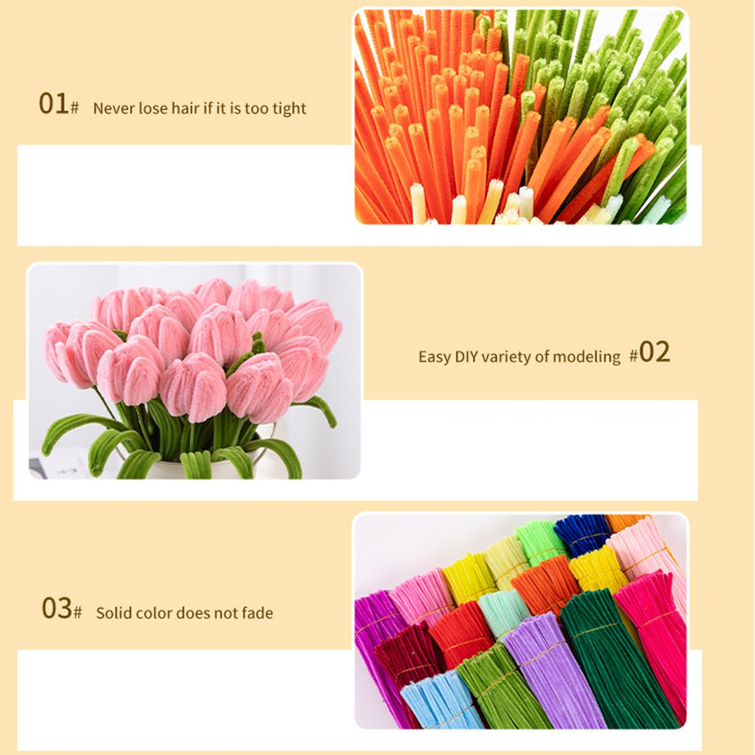 Shengsenfu 200 PCS Thick Pipe Cleaners for Crafts, Fuzzy Chenille Stems in 10 Pastel Colors, Assorted Colored Art Supplies for Kids & Adults, Creative Decorations, Handmade Projects (Bright Colors) - Bright Colors image number 3