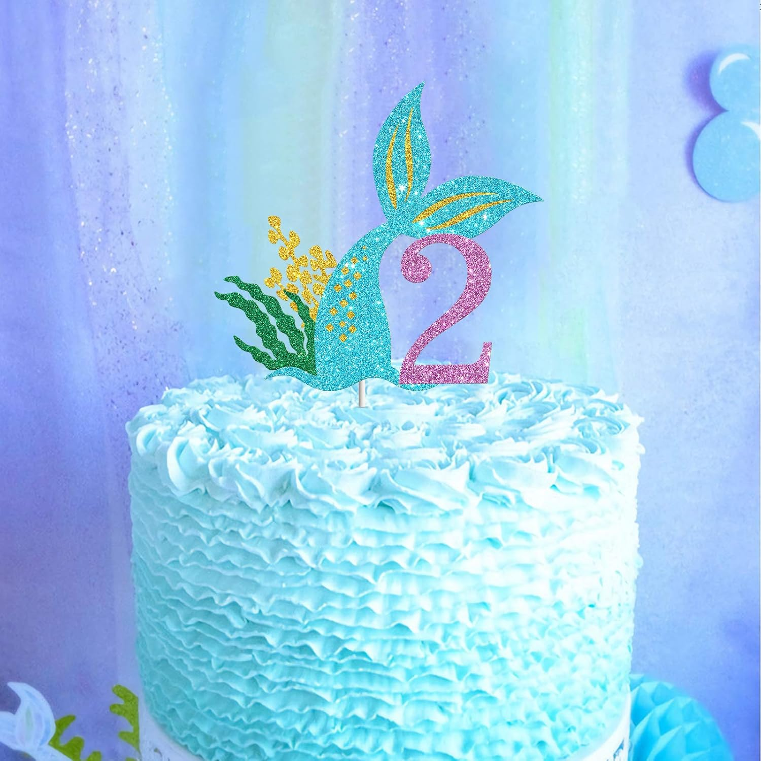 Mermaid Two Cake Topper, Happy 2Nd Birthday Cake Decor, I'M Two Sign, Little Mermaid Birthday Party Decoration Supplies, Daughter of the Sea, under the Sea Themed, Ocean Themed - Glitter image number 5