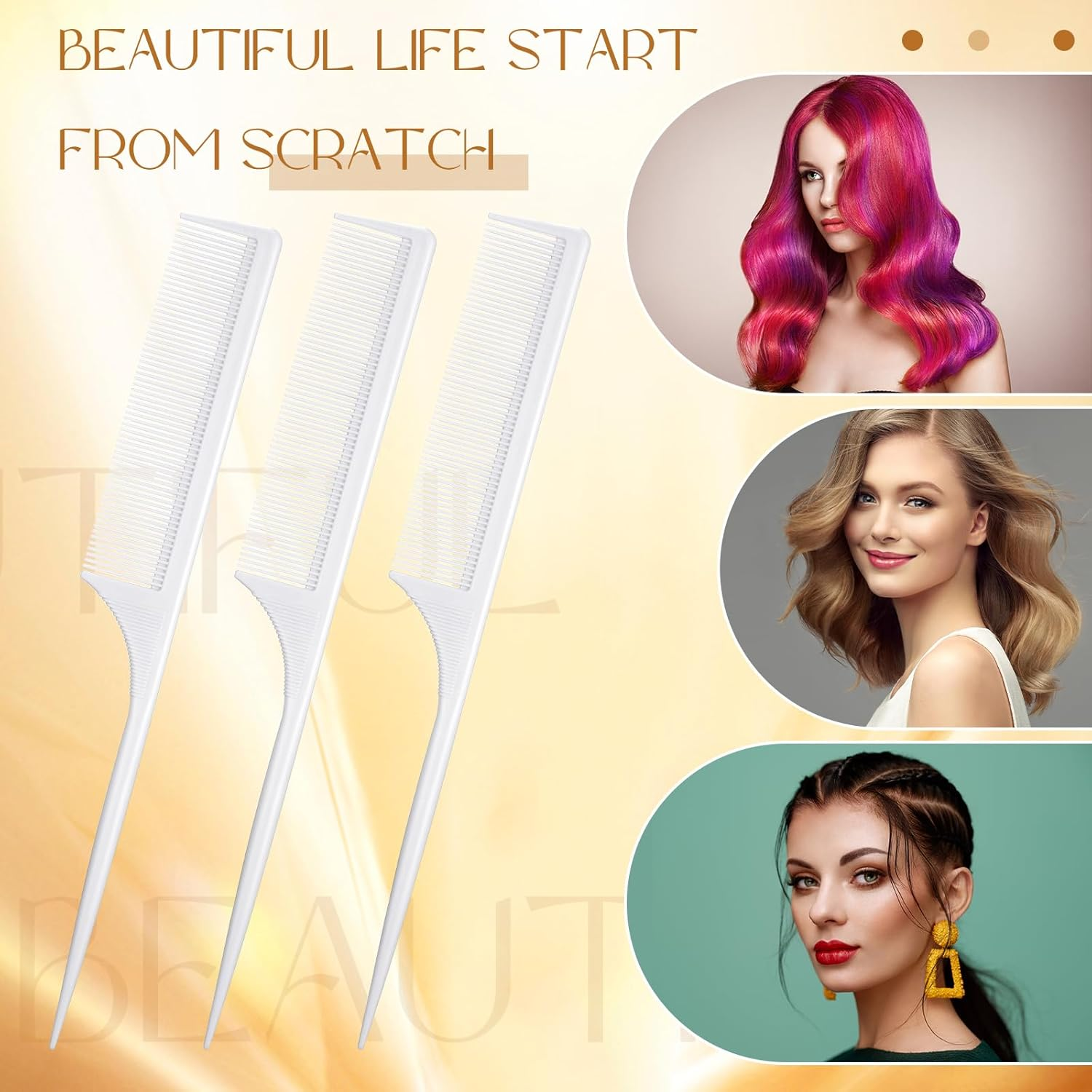 Leinuosen 3 Pack Carbon Fiber Rat Tail Styling Comb, Heat Resistant anti Static Teasing for Back Combing Root Teasing Adding Volume Evening Styling(White) - Green,Pink,Yellow image number 3