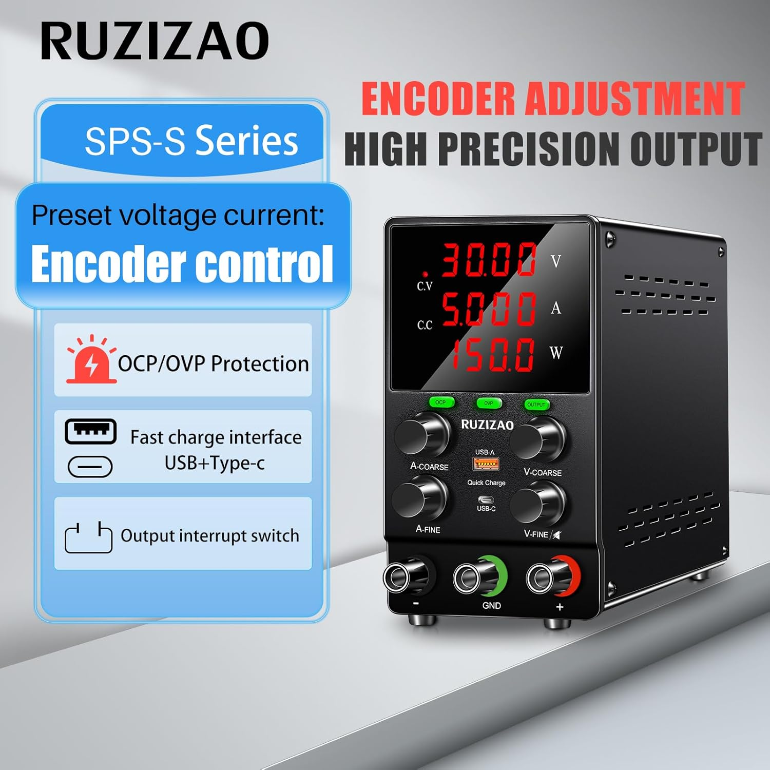 DC Power Supply Variable, Upgraded Version, 30V 5A 150W, Adjustable Switching Regulated Lab Bench Power Supply, OCP/OVP, Encoder Knobs, Usb&Type C Fast Charging, 4-Digit LED Display image number 6