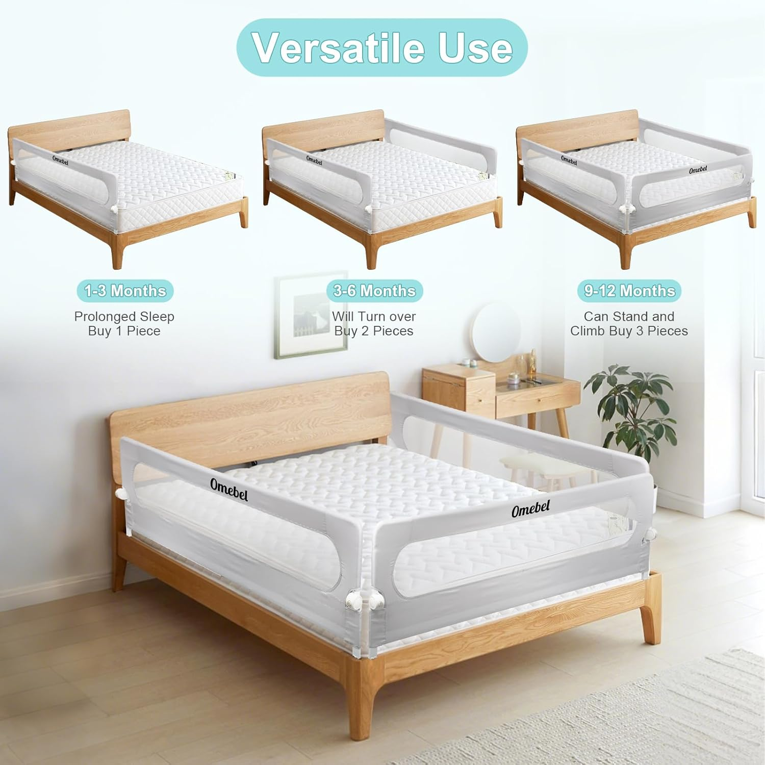 Omebel Toddler Bed Rail, 180Cm/200Cm Extra Long Baby Kids Bed Rail Guard Height Adjustable Folding, Safe Bed Side Rail for Queen, Full Size, Twin, King Size, Foldable & Button-Release Design image number 6