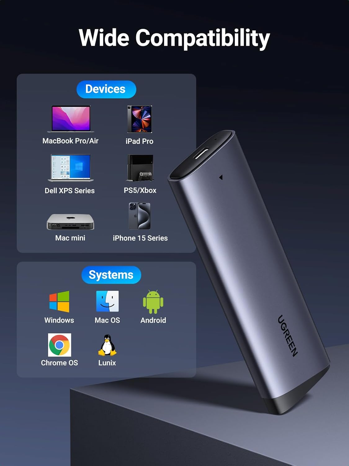 UGREEN M.2 Nvme Enclosure 10Gbps USB C 3.2 Gen 2 for M and M&B Key Aluminum Pcie Adapter Solid State Drive External Reader Support UASP & Trim in Size 2230/2242 /2260/2280 image number 3