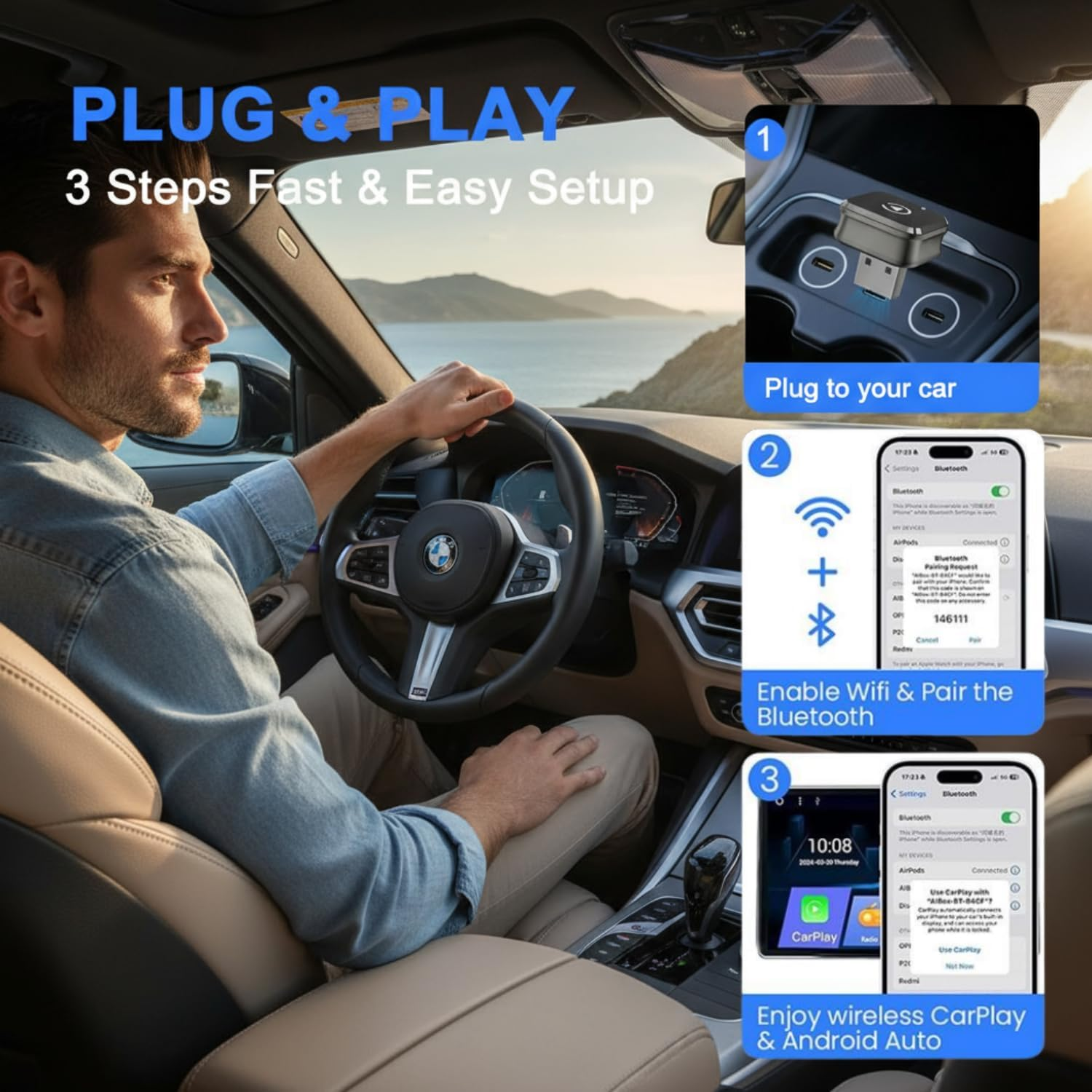 2025 Mini 2-In-1 Wireless Carplay Adapter& Android Auto Wireless Adapter, Converts Factory Wired to Wireless, Plug & Play Dongle for Cars, Usb/Type-C, Fast & Stable Connection image number 3