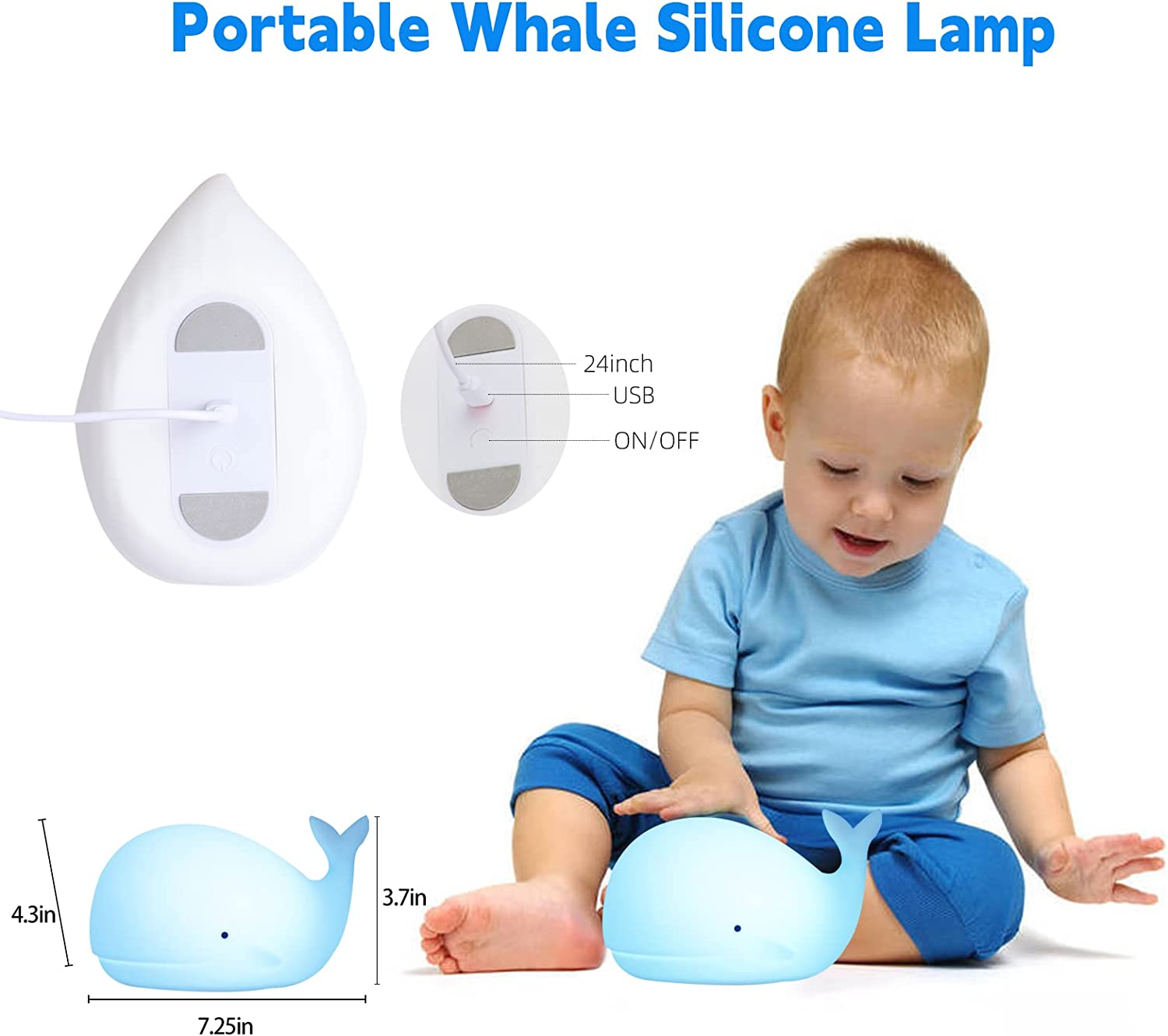Zklili Cute Whale Night Light for Kids - Kawaii Baby Lamp, Silicone Touch Light, Portable USB Rechargeable Nursery Lamp, Gifts for Baby Girls and Boys image number 5
