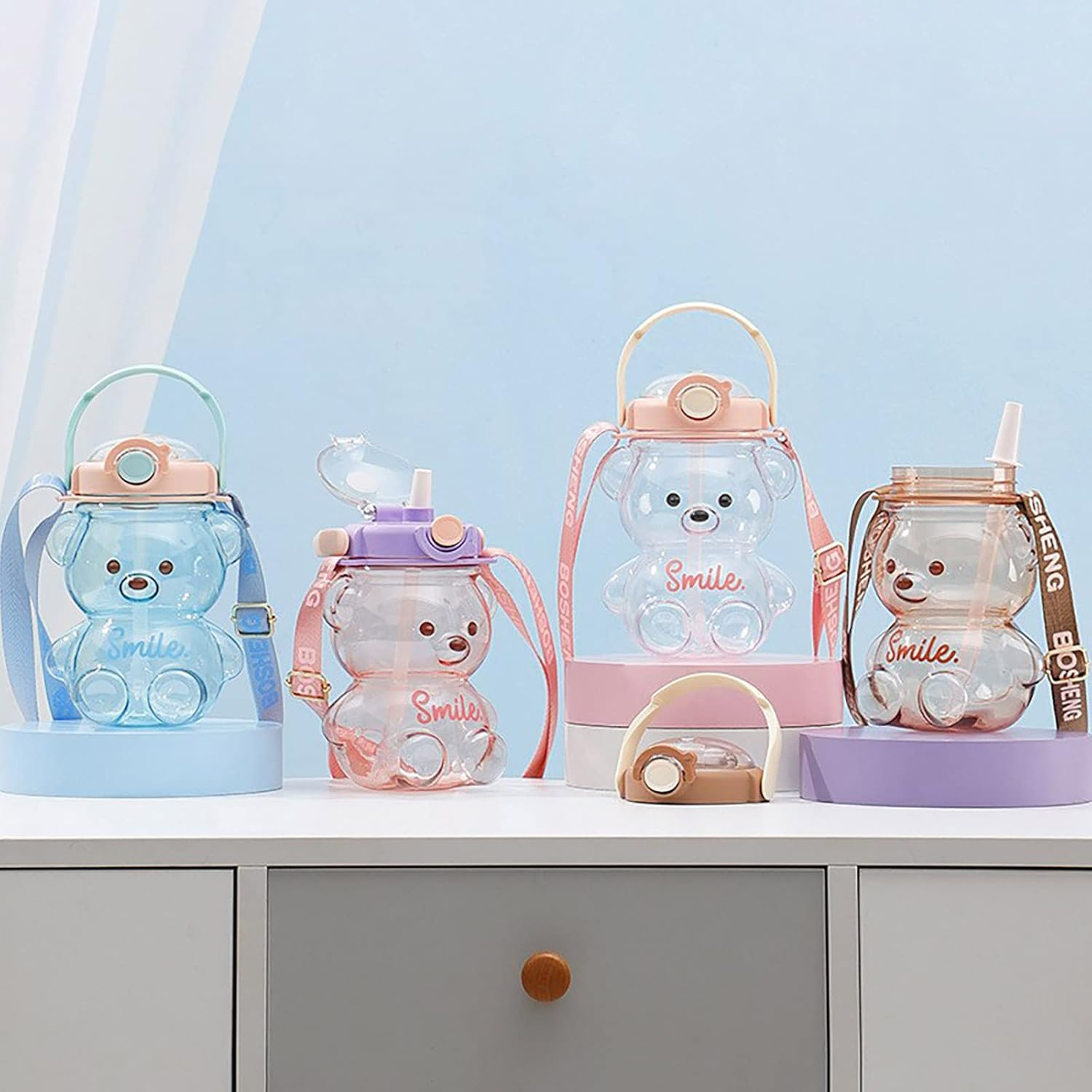 JQWSVE Kawaii Bear Straw Bottle, Kawaii Water Bottles Cute Water Bottle with Stickers, Leak-Proof Kawaii Bear Water Bottle for Office Travel image number 2
