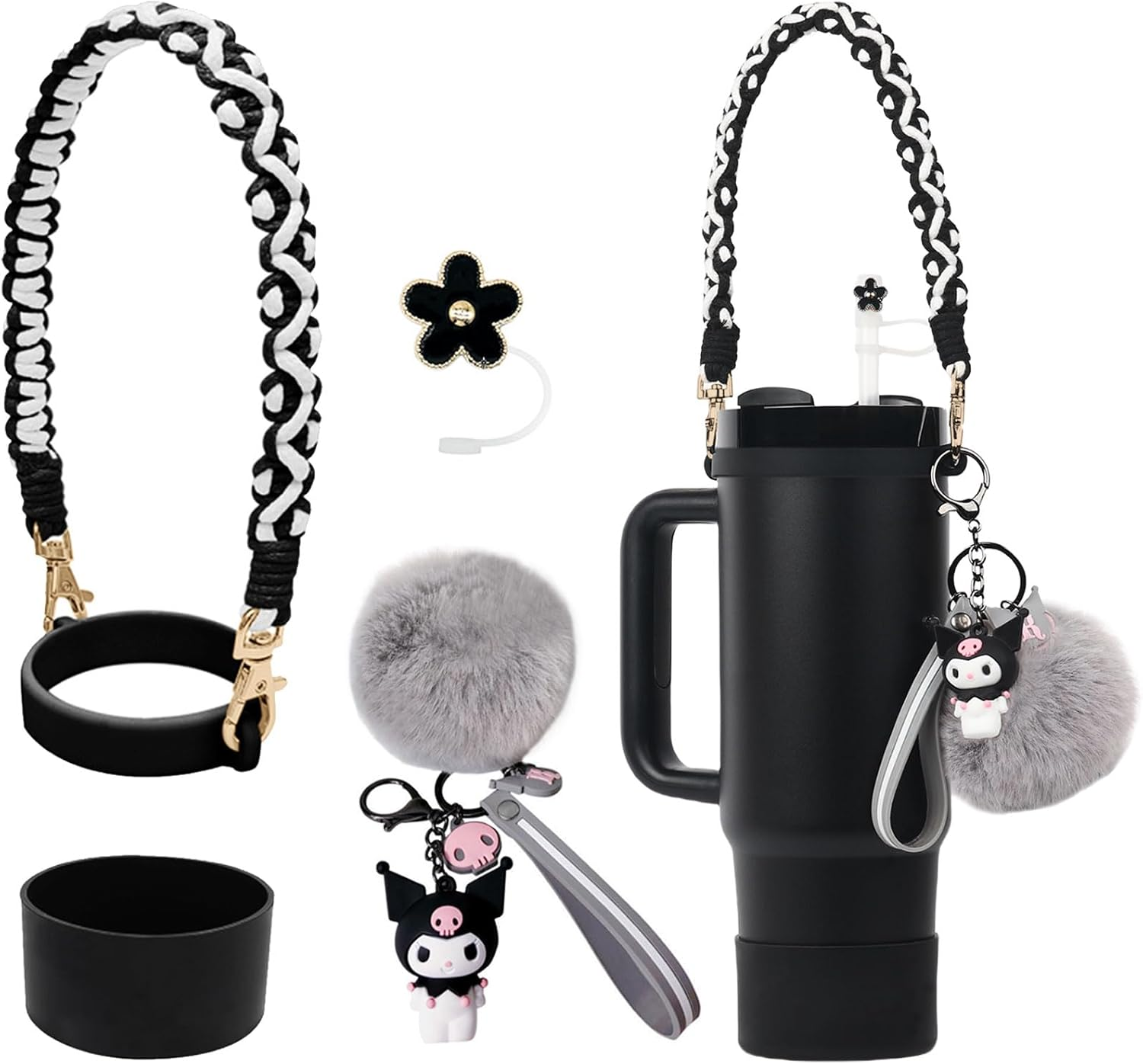 Stanley Cup Accessories Set, Cartoon Cute Kawaii Pom Pom Design Water Bottle Handle Strap, Silicone Stanley Cup Boot, Stanley Charms for Stanley Cup 30/40Oz Tumble