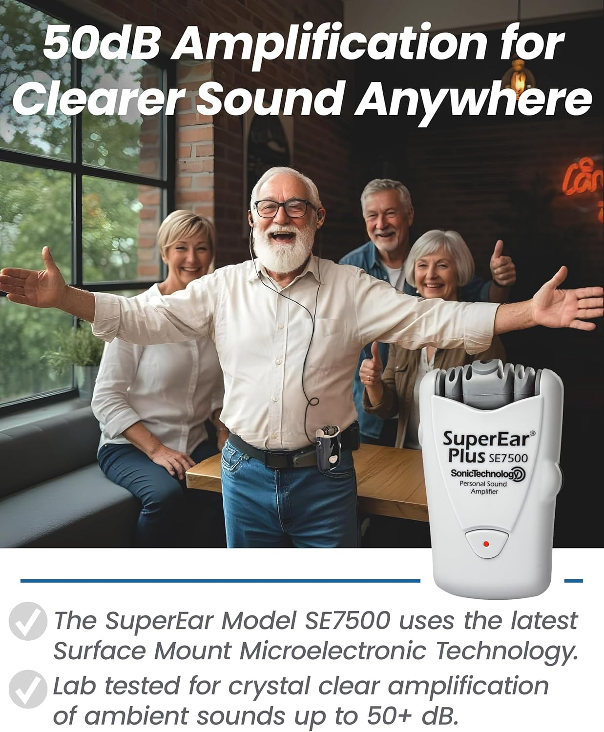 Superear plus Model SE7500 Personal Sound Amplification Product with Case, Headphones and Discreet Earbuds image number 1