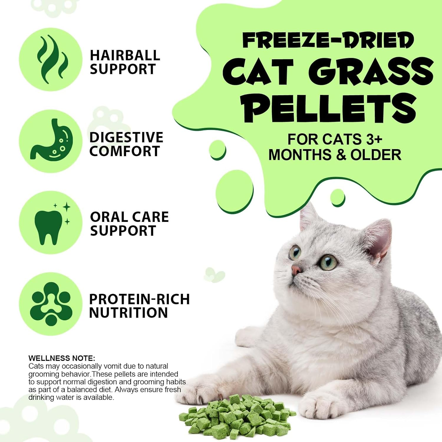 Freeze-Dried Cat Grass Pellets | Cat Grass + Chicken Meat + Fish Oil | Tasty Chew Treats for Cats 3+ Months | Supports Digestive Comfort & Chewing | 80G image number 3