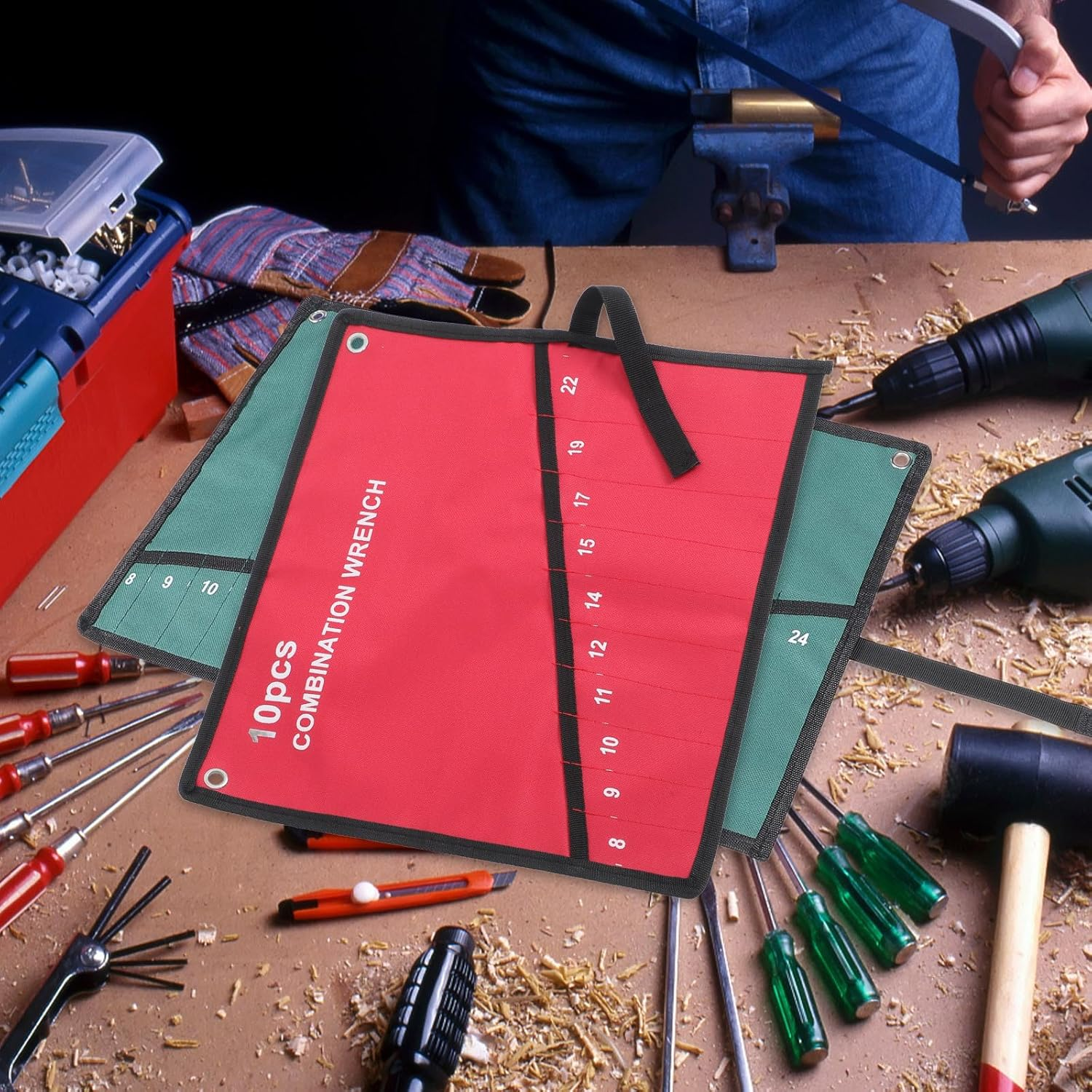 MALUGOGO Canvas Tool Roll Bag with 10 Red Pockets Oxford Cloth Wrench Organizer Pouch for Portable Tool Storage and Spanner Holder for Travel and Workshop Use image number 6