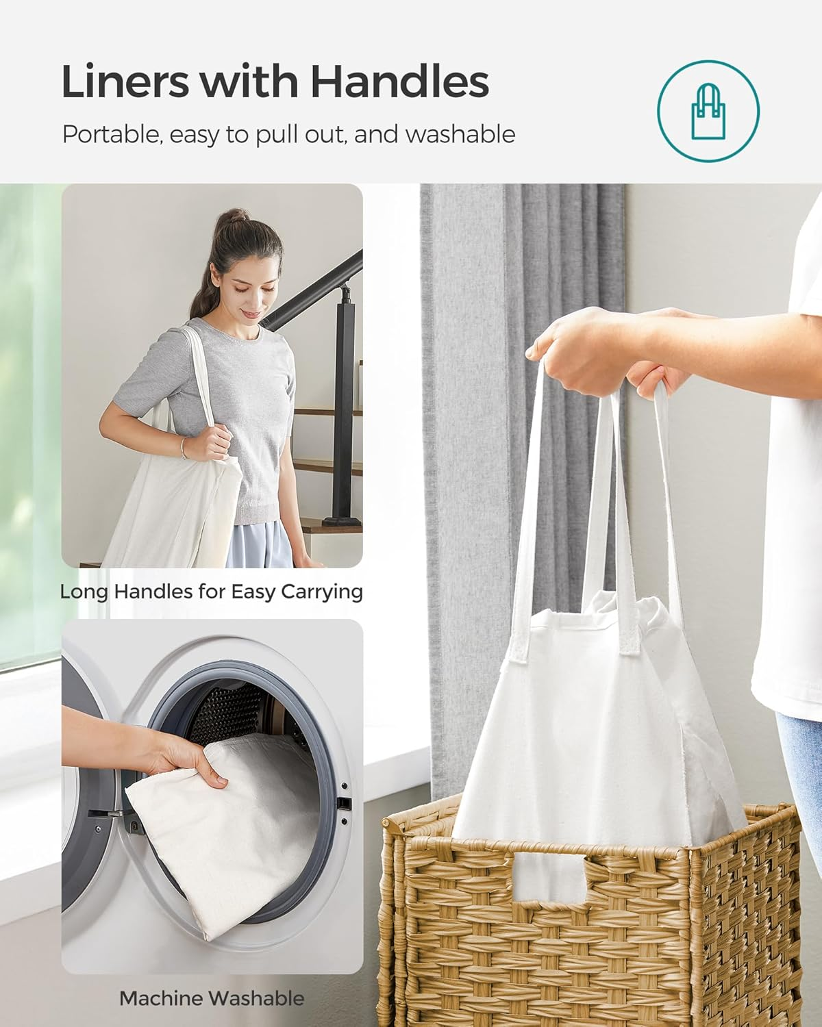 SONGMICS Laundry Hamper with Lid, 17.2 Gallon (65L) Synthetic Rattan Clothes Laundry Basket with Lid and Handles, Foldable, Removable Liner, Natural ULCB165N01 - Natural image number 5