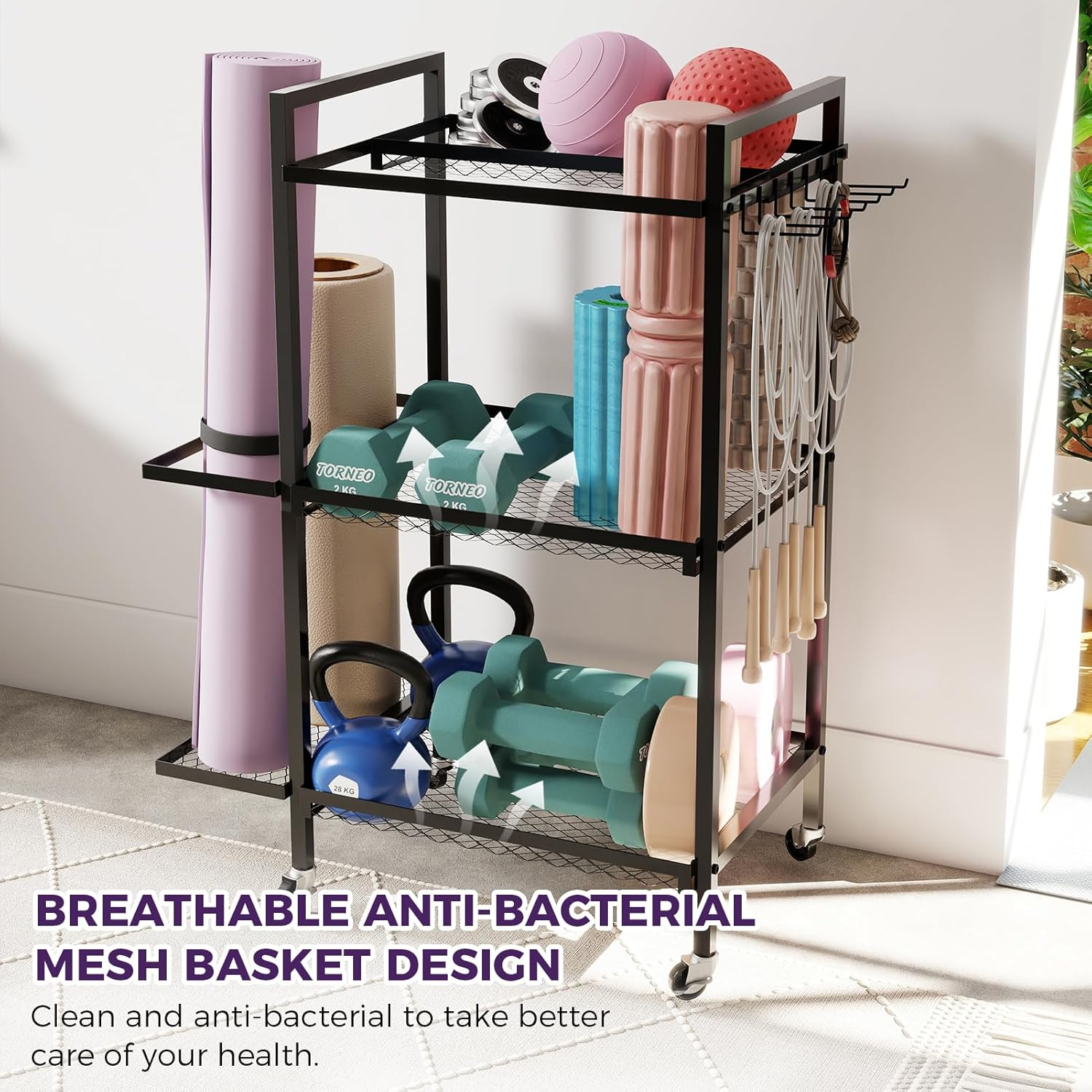 Yoga Mat Storage Sports Mat Exercise Equipment Storage Basket Training Equipment Yoga Mat Fitness Dumbbell Organiser Shelf Storage Basket Storage Rack Trolley image number 4