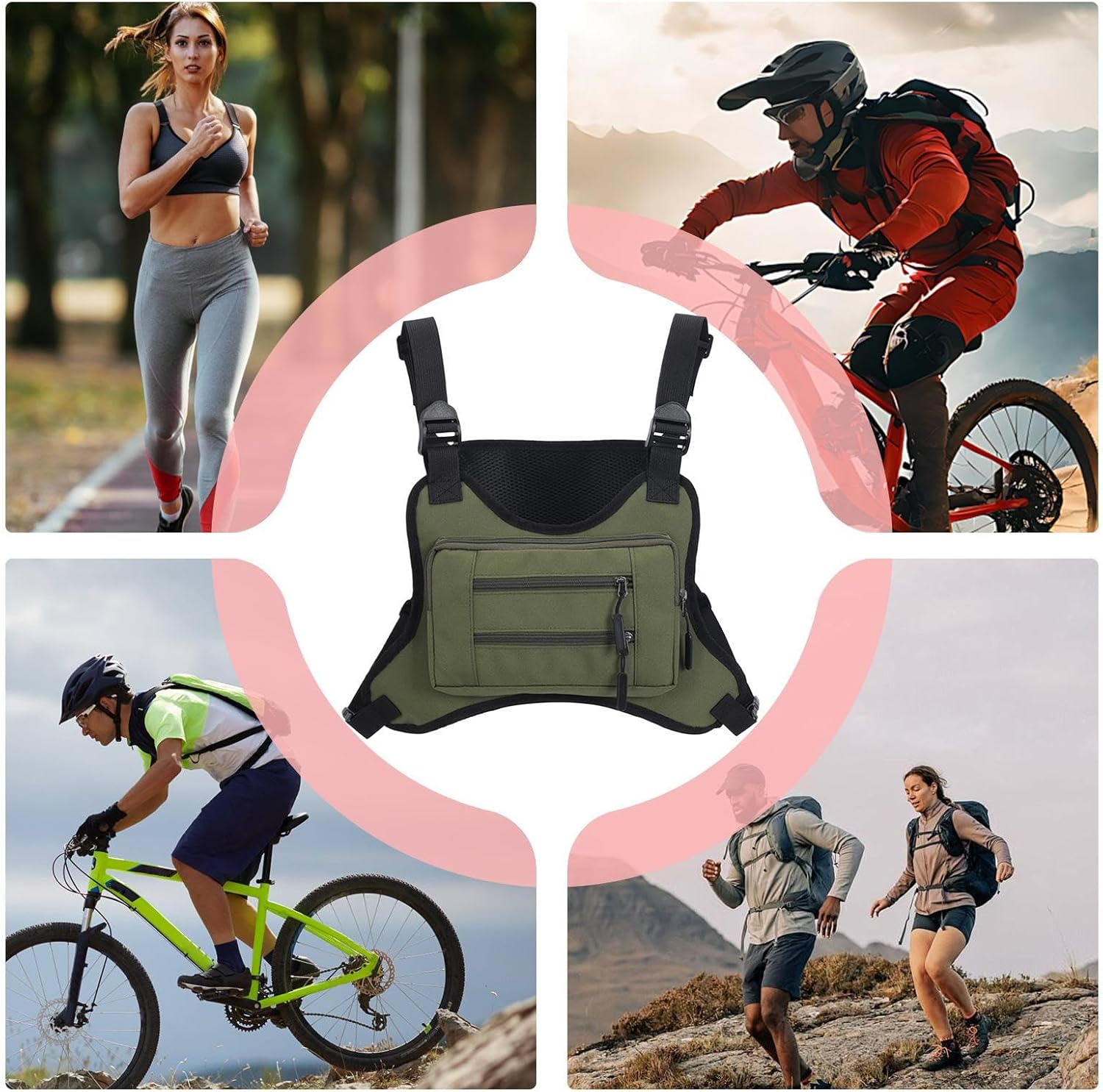 Chest Pouch for Men Waterproof Vest Pouch Lightweight Running Shoulder Strap Extra Storage Phone Sports Outdoor Workout, Green, Se R&eacute;f&eacute;rer Au Descriptif, Refer to Description - White On Black image number 2