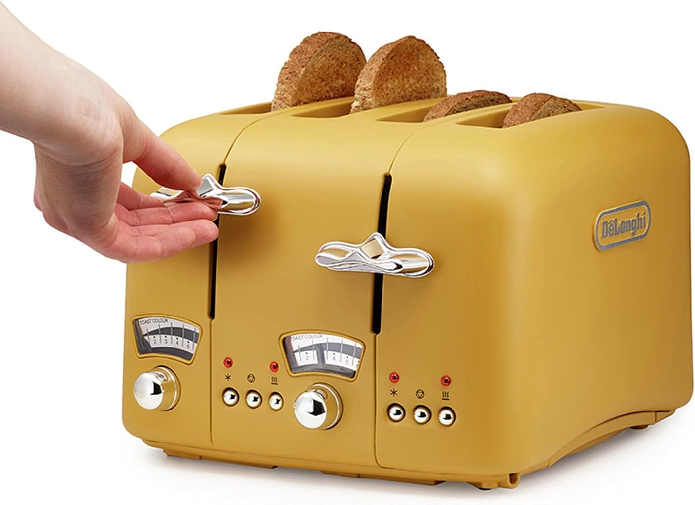 De'Longhi Argento Silva Toaster CT04Y , 4 Slice Toaster with Reheat, Defrost and Cancel Functions, 5 Browning Settings, Removable Crumb Tray, Gingko Yellow image number 3