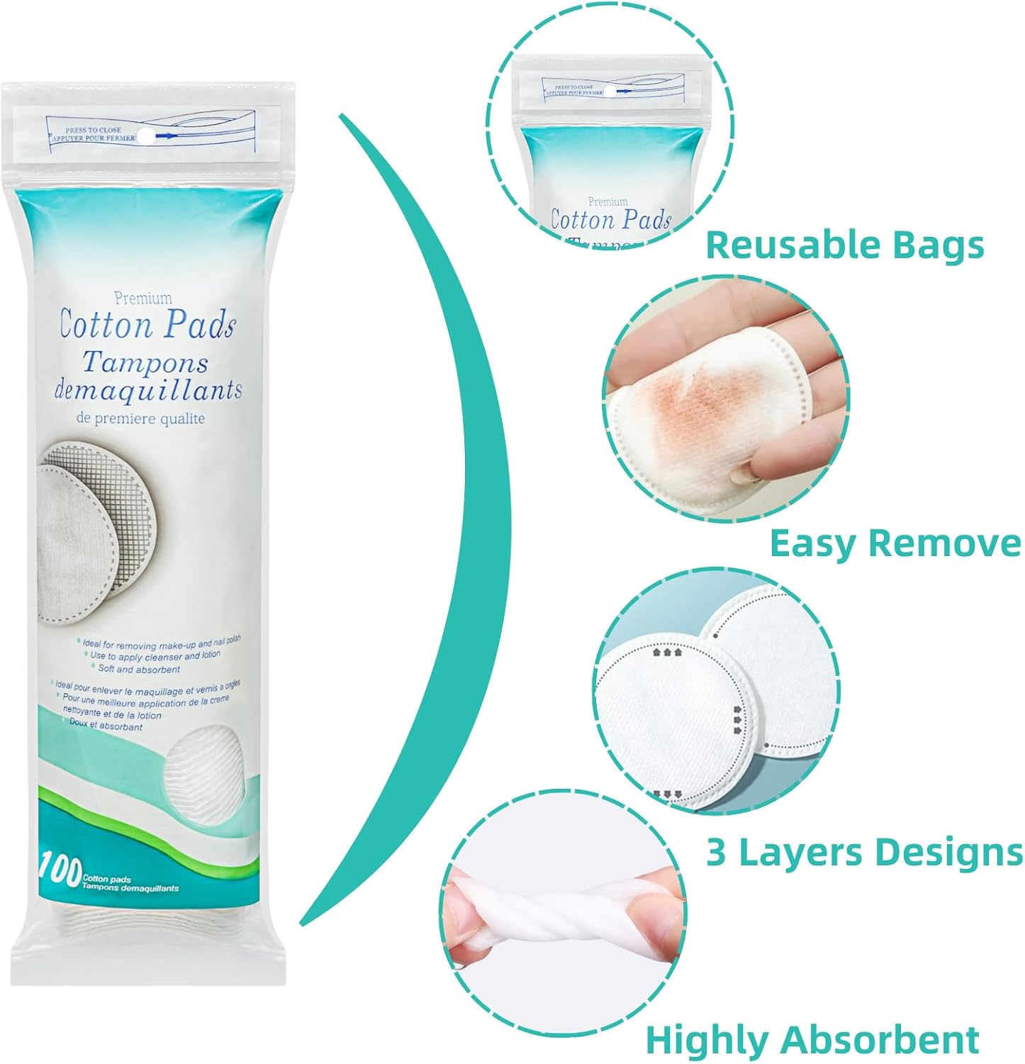 3 PACK Premium Cotton Rounds for Face, 300 Count Makeup Remover Pads, JOMWEN Lint-Free | 100% Pure Cotton Pads for Face Cleansing, Applying Facial Toner & Nail Polish image number 4