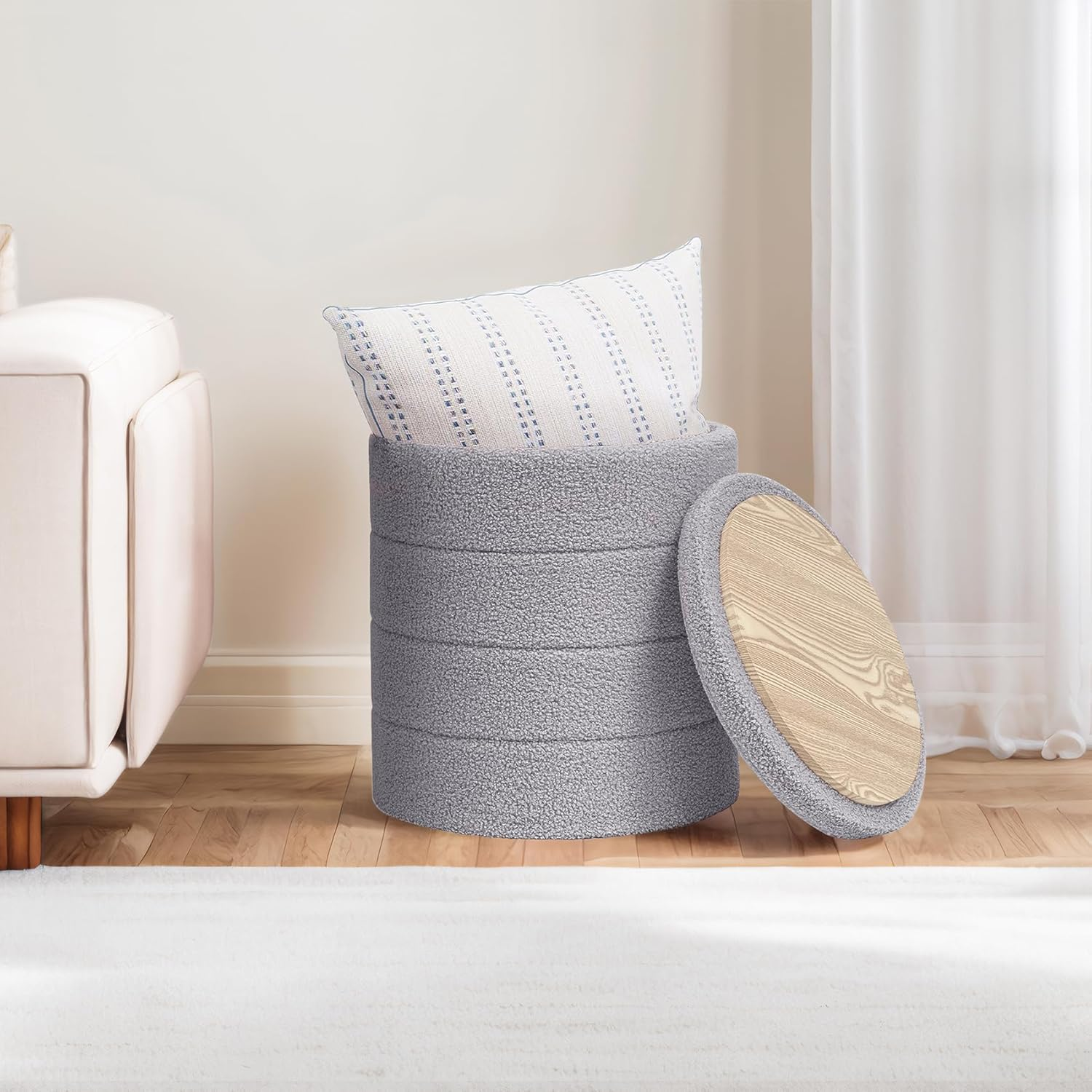 PINPLUS round Storage Ottoman, Foldable Sherpa Ottoman Footstool Storage with Coffee Table for Living Room, Bedroom, Dorm (Dark Grey) 14.6"X14.6"X17.7" image number 4