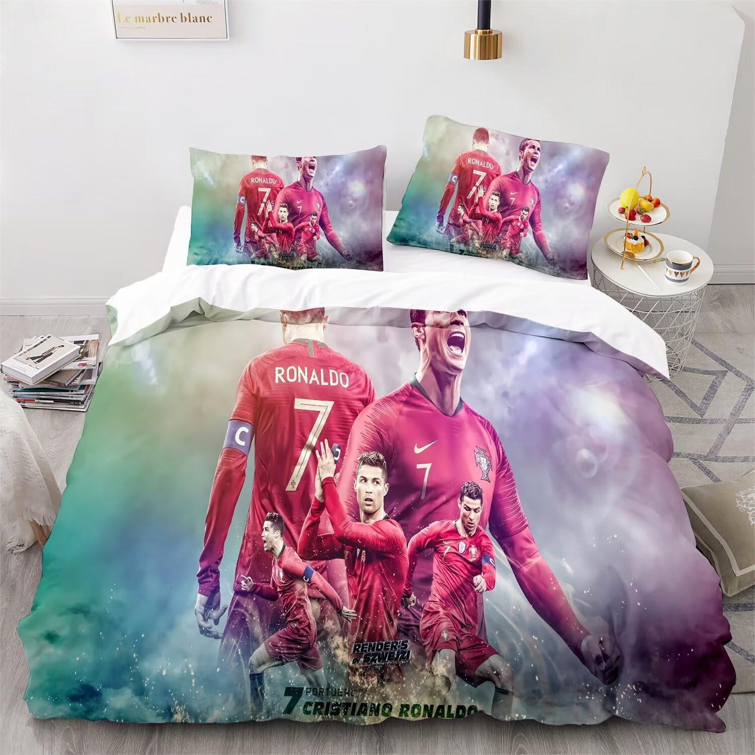 Enfunt-Home Football Stars Bed Linen Set 2-Piece Microfibre Duvet Cover 135 X 200 Cm with Zip and 1 Pillowcase 80 X 80 Cm