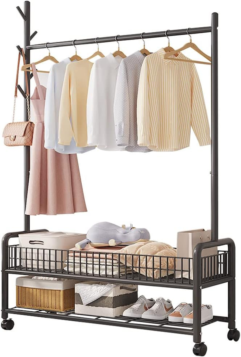 Clothes Rack Clothing Rack Rolling Organizer with Wheels Bottom Shelves Double Tiers for Multipurpose image number 3