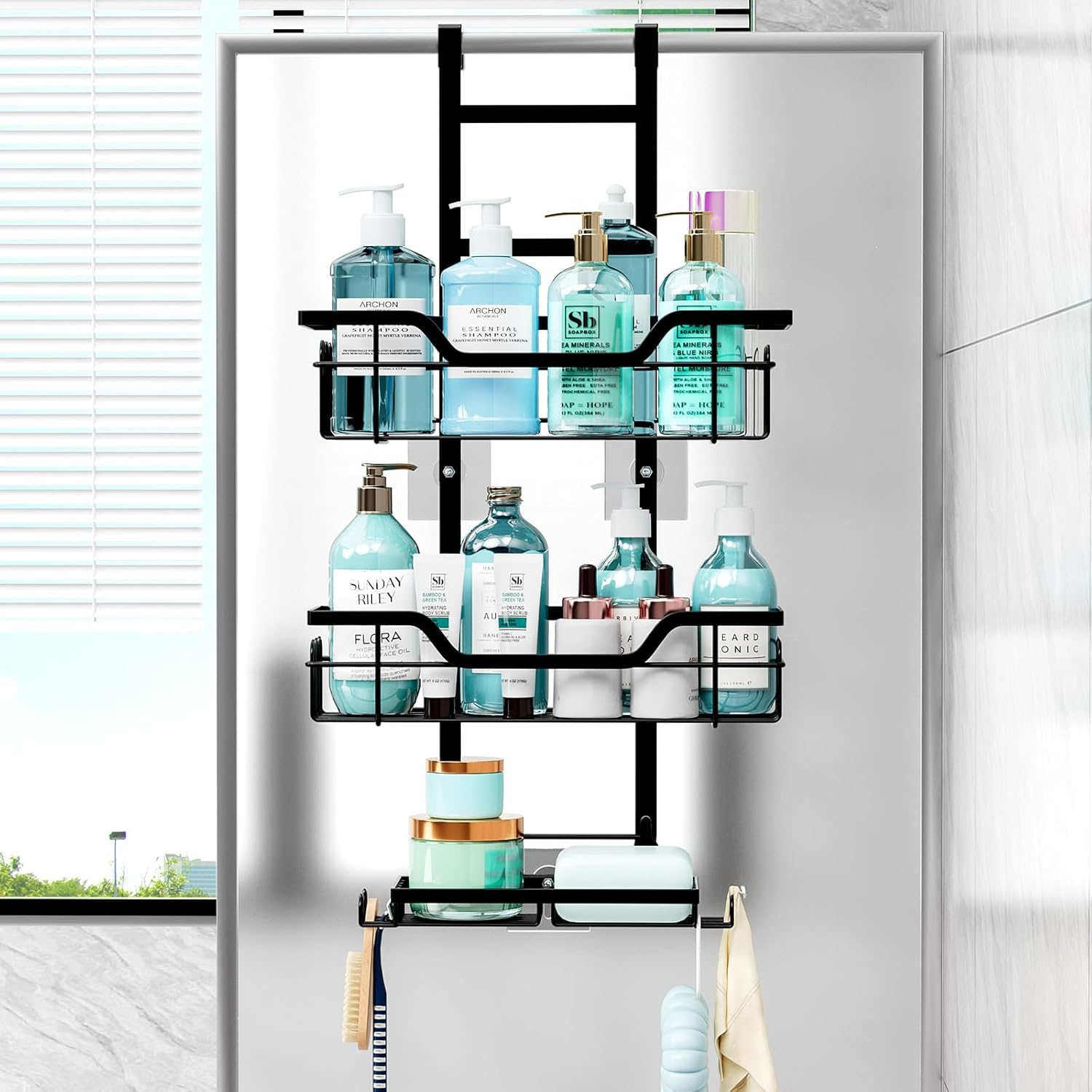 3 Tier over the Door Shower Caddy Hanging, Rustproof Bathroom Caddy Shower Shelf with 4 Hooks,Bathroom Organizer Space-Saving Storage for Shampoo, Soap & Towels image number 4