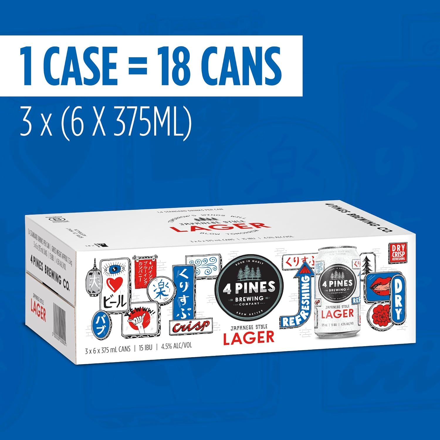 4 Pines Japanese Style Lager, Rice Lager, Crisp & Refreshing, 4.5% ABV, 375Ml (Case of 18 Beer Cans)