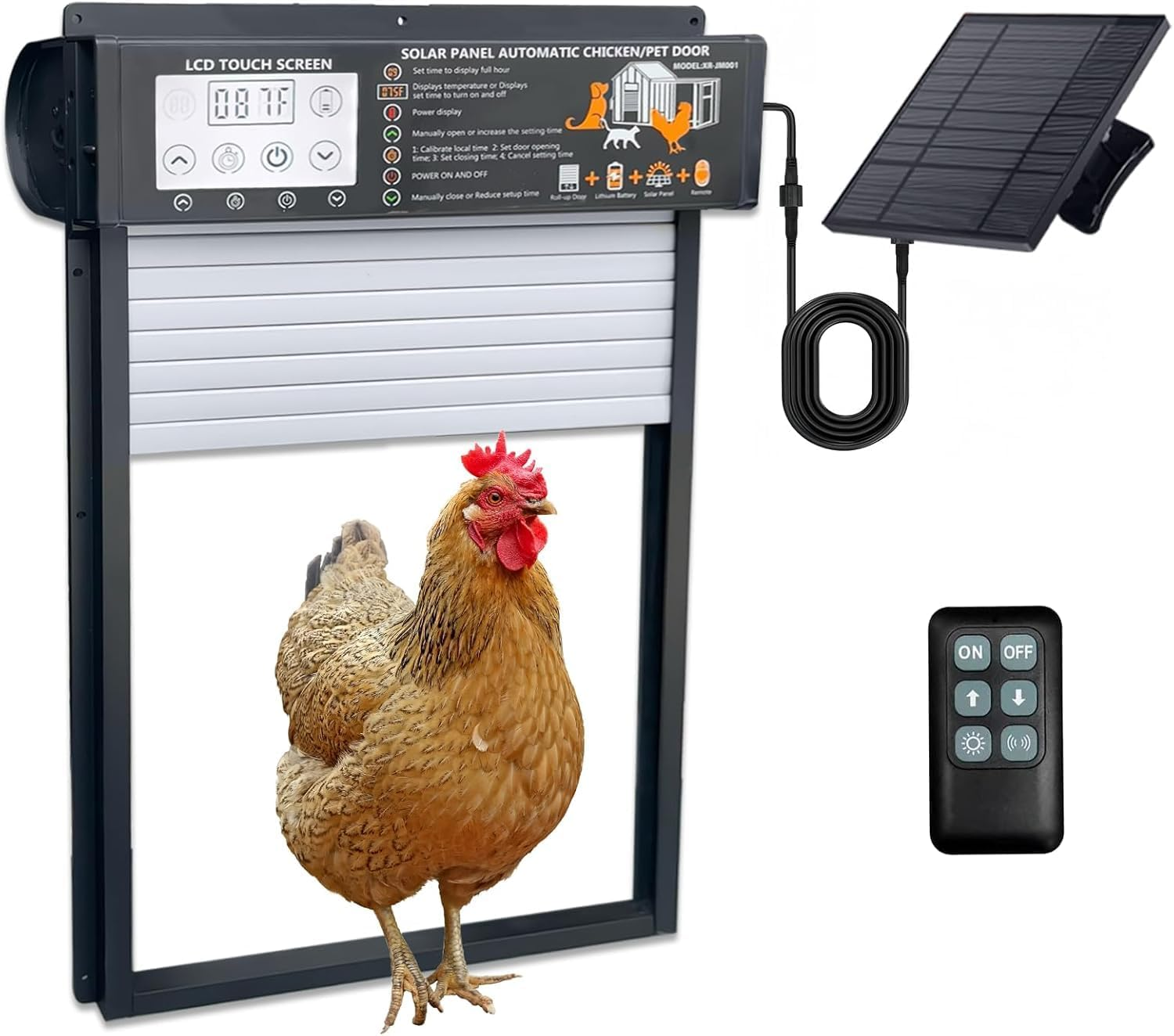 Vuebee Solar Automatic Chicken Coop Door with Timer, Light & Motion Sensor, LCD Touchscreen, Remote Control &ndash; Weatherproof Chook Door for Ducks, Rabbits, Poultry (13.4" X 10" Opening)