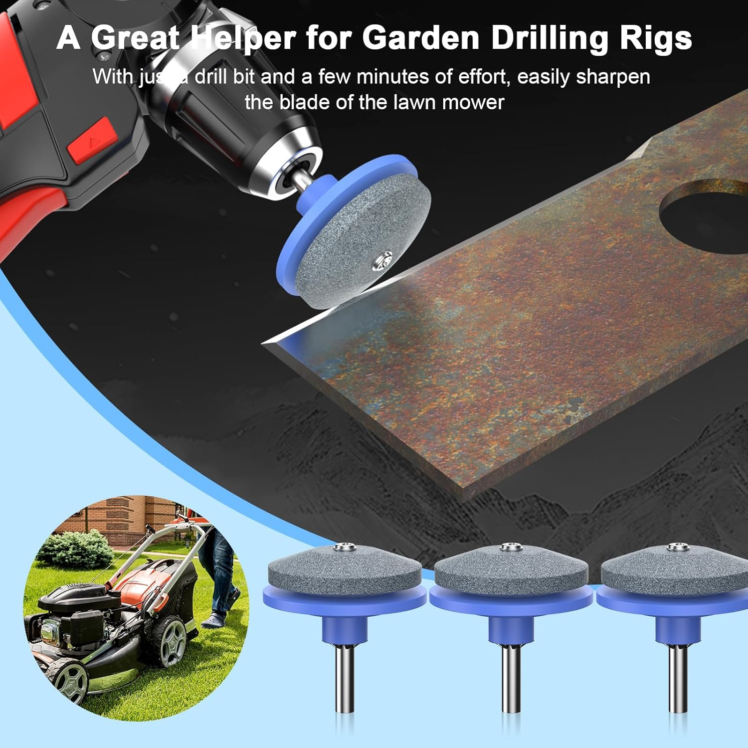 Lawnmower Dull Blade Sharpener, 3PCS Lawn Mower Blade Sharpener Tool for Any Power Hand Drill, Universal Blade Sharpeners for Lawn Mowers, Easy to Use and Not Easy Damage, Blue image number 3