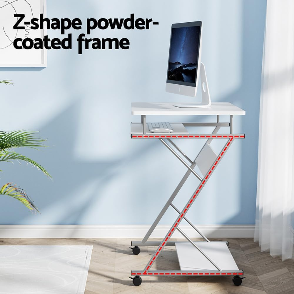 Artiss Computer Desk 60Cm White Particle Board Z Shape Steel Frame Office Laptop Desks Study Student Table, Home Furniture for Room, Portable with Wheels Keyboard Tray Bottom Shelf image number 2