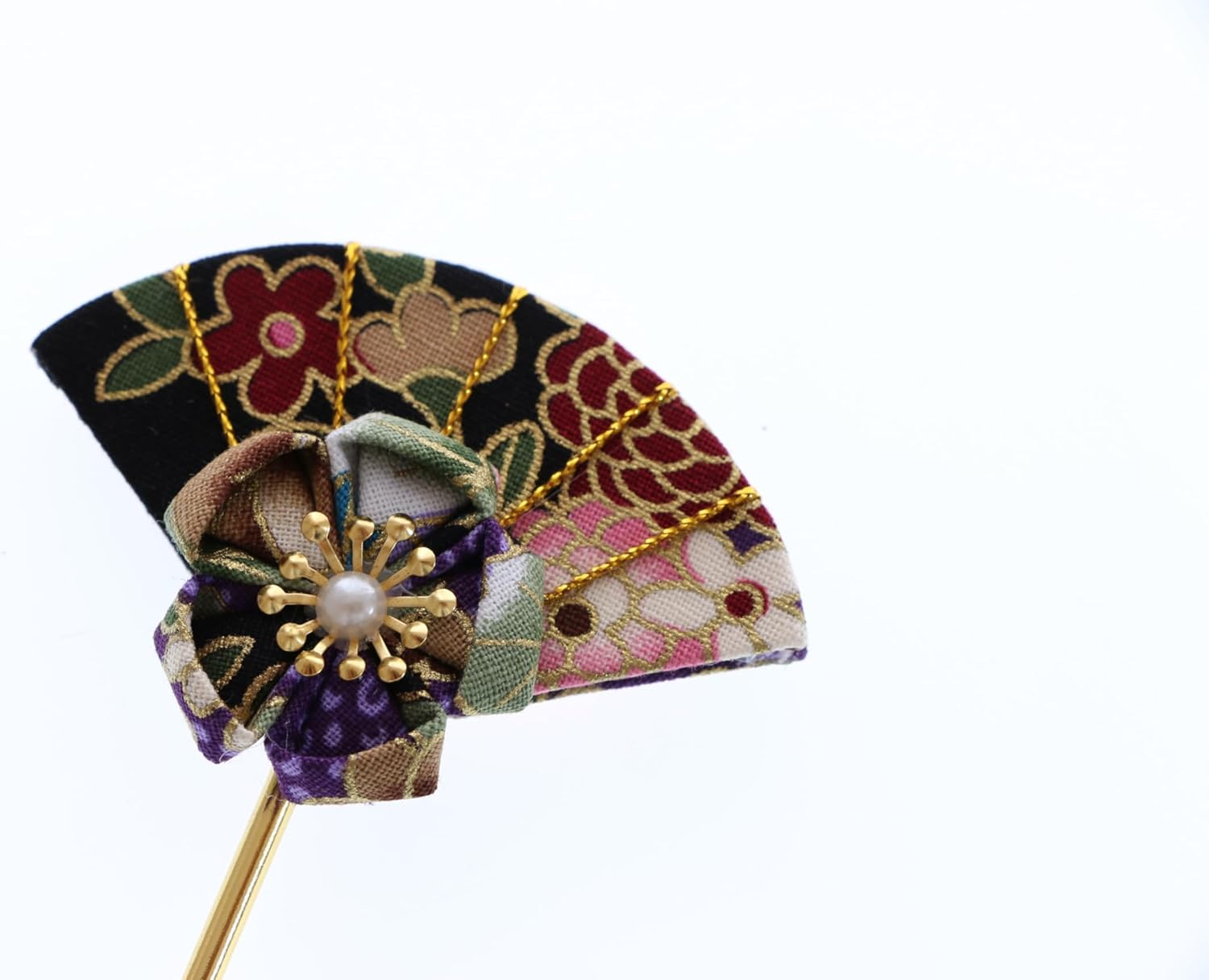 C-121-1 Black Colourful Hair Pin Fan Shape Pin Hair Pin Fabric Flower Sakura Japan Geisha Kimono Accessory image number 1