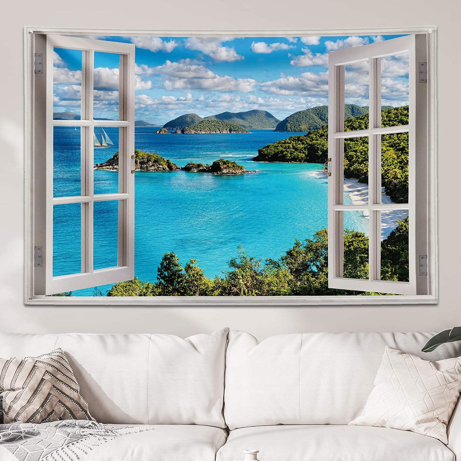 GOURIDA Nature Tapestry Blue Ocean Sea Beach Wall Hanging Tropical Island Palm Tree Seaside Window for Bedroom Aesthetic Living Room College Dorm Home Decor 61 X41 Inch Small&hellip; image number 2