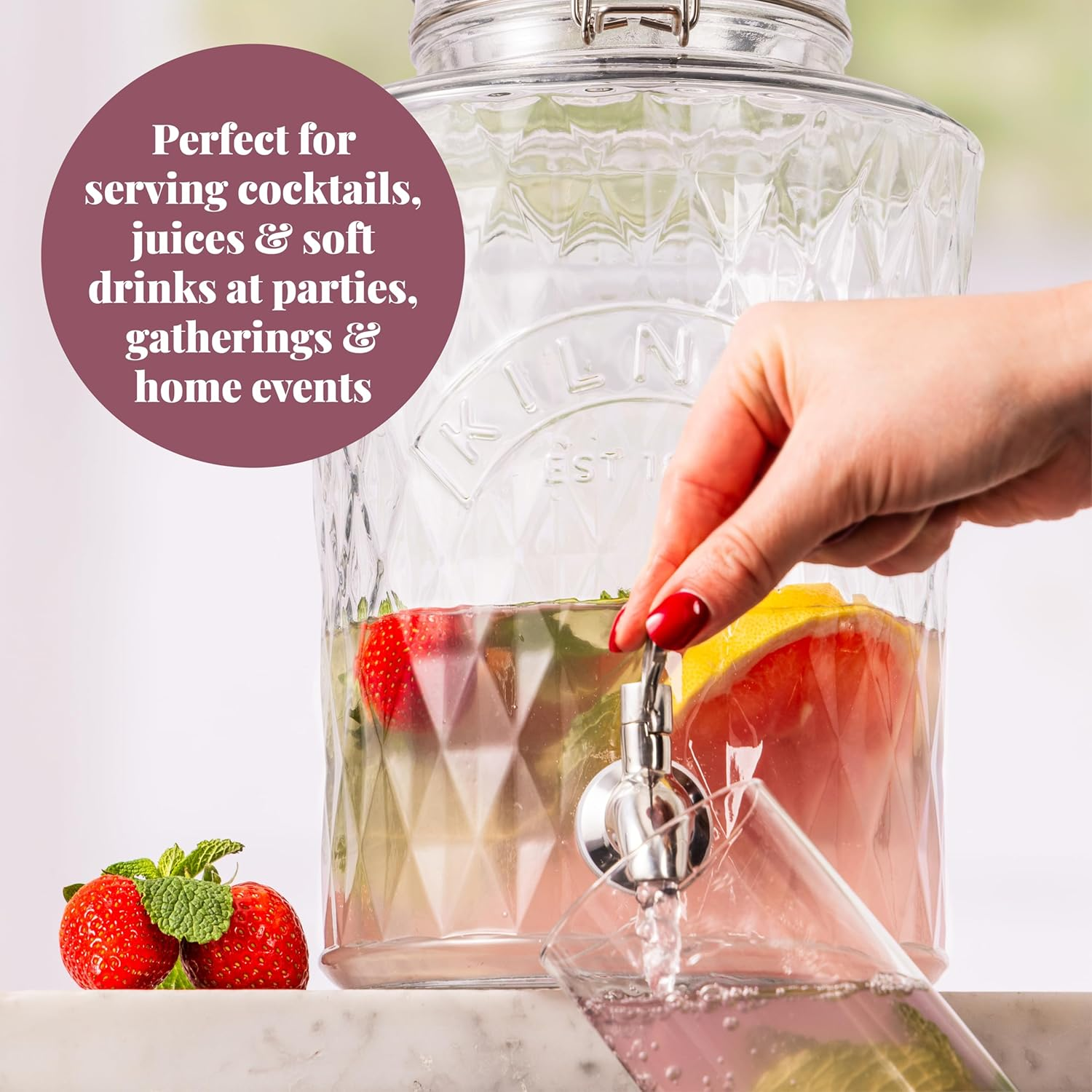 Kilner Diamond Drinks Dispenser 5 Litre Glass Beverage Server with Stainless Steel Tap, Airtight Clip-Top Lid & Silicone Seal, Ideal for Juices, Cocktails & Infused Drinks image number 1